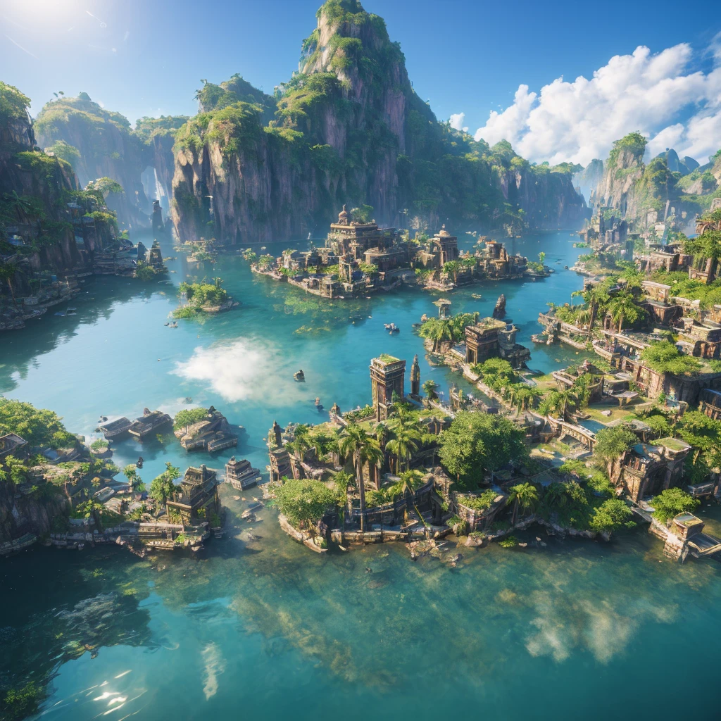 (8k, RAW photo, best quality, masterpiece:1.2), (realistic, photo-realistic:1.37), octane render, ultra high res, ultra-detailed , professional lighting, photon mapping, radiosity, physically-based rendering, ue5, ((island sanctuary)), ((ancient fallen kingdom)), ((reflections in water)), ((raytracing)), ((drowned city))