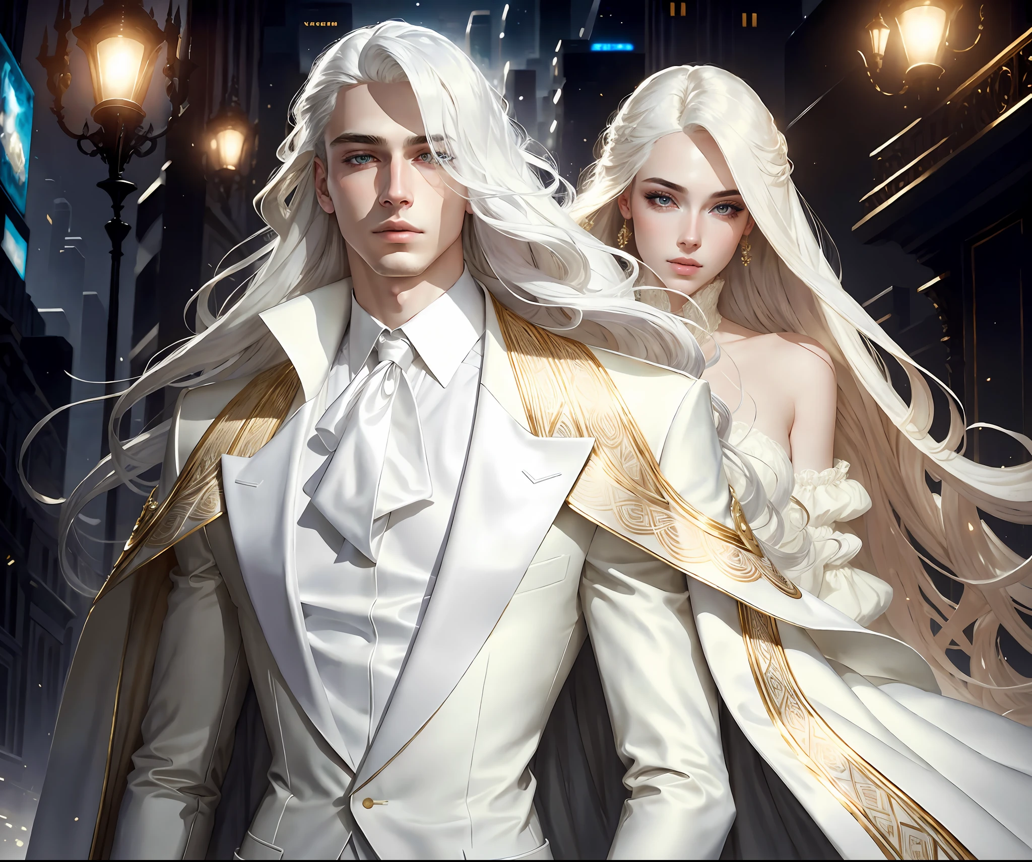 masterpiece, highest quality, (solo focus), (perfect face:1.1), (high detail:1.1),dramatic, 1guy, (pale skin), long white hair, white eyes, [light eyebrows], solo, long hair, moon, night, white luxury suit, covered navel, pouty lips, covered, futuristic city, detailed background, art by artgerm and greg rutkowski,  cinematic lighting, roses, fashion, BalenciagaStyle, Alexander McQueen