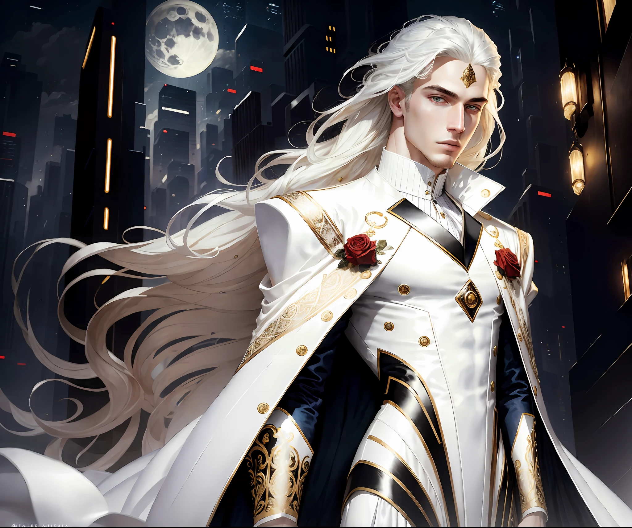 masterpiece, highest quality, (solo focus), (perfect face:1.1), (high detail:1.1),dramatic, 1guy, (pale skin), long white hair, white eyes, [light eyebrows], solo, long hair, moon, night, white luxury suit, covered navel, pouty lips, covered, futuristic city, detailed background, art by artgerm and greg rutkowski,  cinematic lighting, roses, fashion, BalenciagaStyle, Alexander McQueen