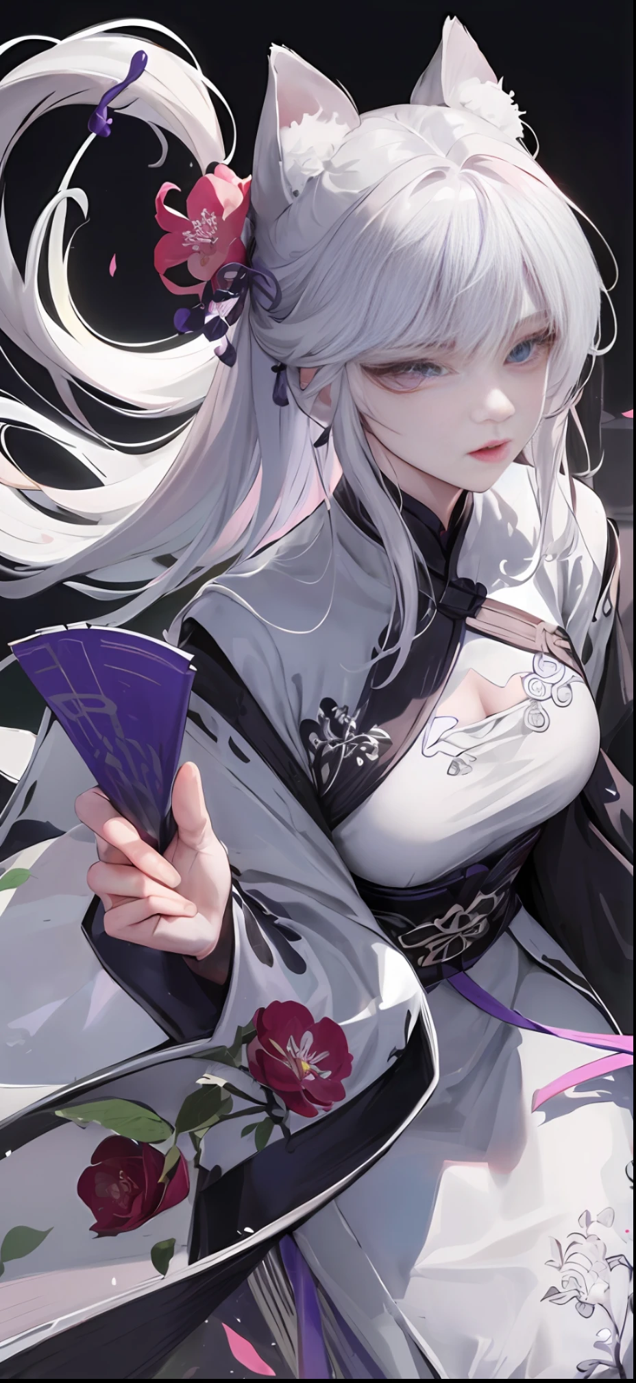 Masterpiece, Best, Night, Full Moon, 1 Female, Mature Woman, Chinese Style, Ancient China, Elder Sister, Royal Sister, Cold Face, Expressionless, Silver White Long Haired Woman, Pale Pink Lips, Calm, Intellectual, Three Belts, Gray Hitomi, Assassin, Dagger, Flower Ball Background, Strolling Street Masterpiece, Best, Night, Full Moon, 1 Female, Mature Woman, Chinese Style, Ancient China, Elder Sister, Royal Sister, Cold Face, Expressionless, Silver White Long Haired Woman, Pale pink lips, calm, intellectual, three belts, gray pupils, assassin, dagger, flower ball background, street view, white-haired catwoman, Hanfu, cat ears, cat tail, clear purple eyes
