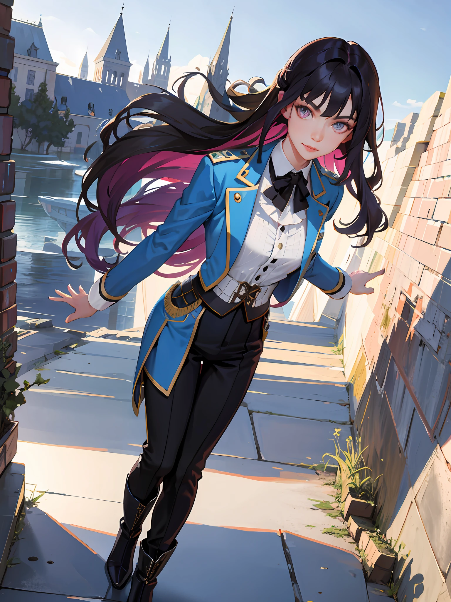 (highest resolution, distinct_image) superb, masterpiece, high detail, semi-realistic, Dishonored 2, a very beautiful woman, solo, normal handsome stance, long purple hair, pink eyes, smiling, 18 years old, young, tall Strong, white military uniform, trousers, military pants, military boots, military uniform, military school, confident, gentle, beautiful, cute, standing on the castle, patrolling