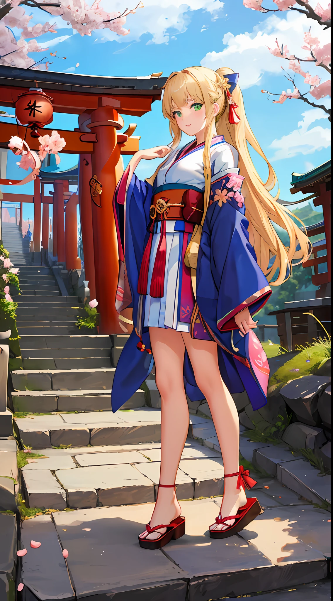 ((masterpiece, best quality, high resolution, super resolution, super detailed, ultra detailed, rich background)), 1girl, solo, green eyes, blonde long hair tied with blue ribbon, blunt bangs, cute hairpin, japanese clothes, blue kimono, sandals, ribbon, obi, (outdoor), cherry blossom, torii gate, stone staircase, afternoon, cherry blossoms fall, dramatic light, cloudy, temple scenery