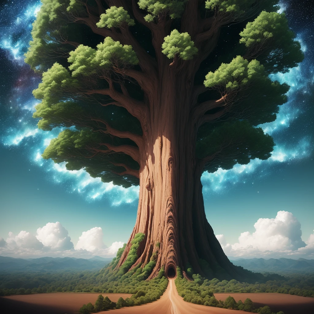 There is a single super-giant tree that stands over the earth. Its trunk pierces the clouds and is exposed to space.