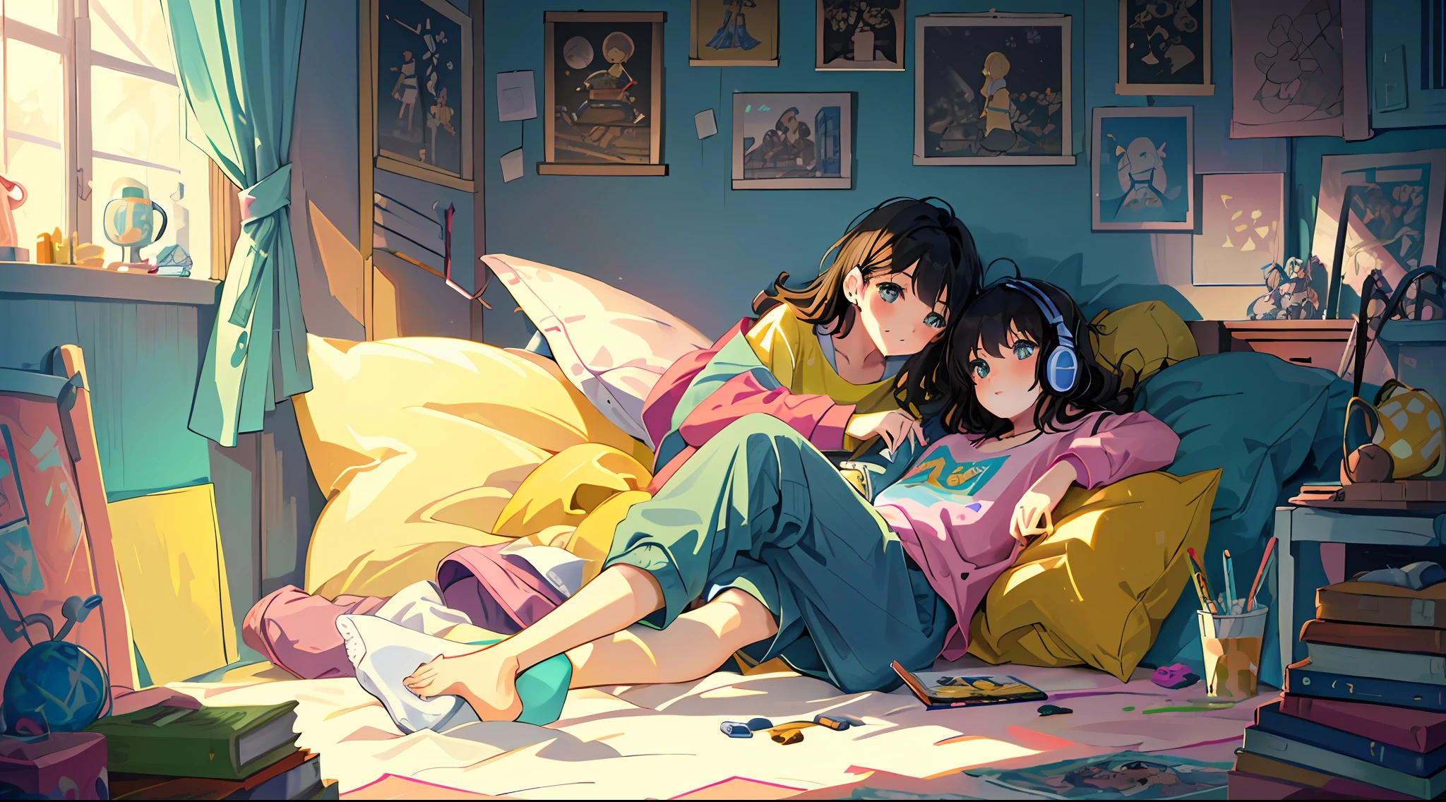 masterpiece, best quality, ultra-detailed, illustration, 2girls, sitting, playful, gaming, messy room, teenage, , lighthearted, cozy, relaxed, cheerful, fondness, love, friendship, cute, touching, computer game, controllers, smiles, joy, laughter, comfortable, slippers, pajamas, messy hair, tousled, disarray, cluttered, toys, posters, pillows, blankets, lamp, desk, chair, cozy atmosphere, night lighting, bright colors, soft pastels, flowers, plants, books, headphones, snacks, soda, energy drinks, manga, novels, plushies, figurines, posters, pictures, posters, wall scrolls, stickers, decorations, bed, blankets, pillows, stuffed animals, cozy blankets, warm blankets, comfortable clothes, casual attire, leisure wear, sweatshirt, sweatpants, shorts, t-shirt, tank top, socks,