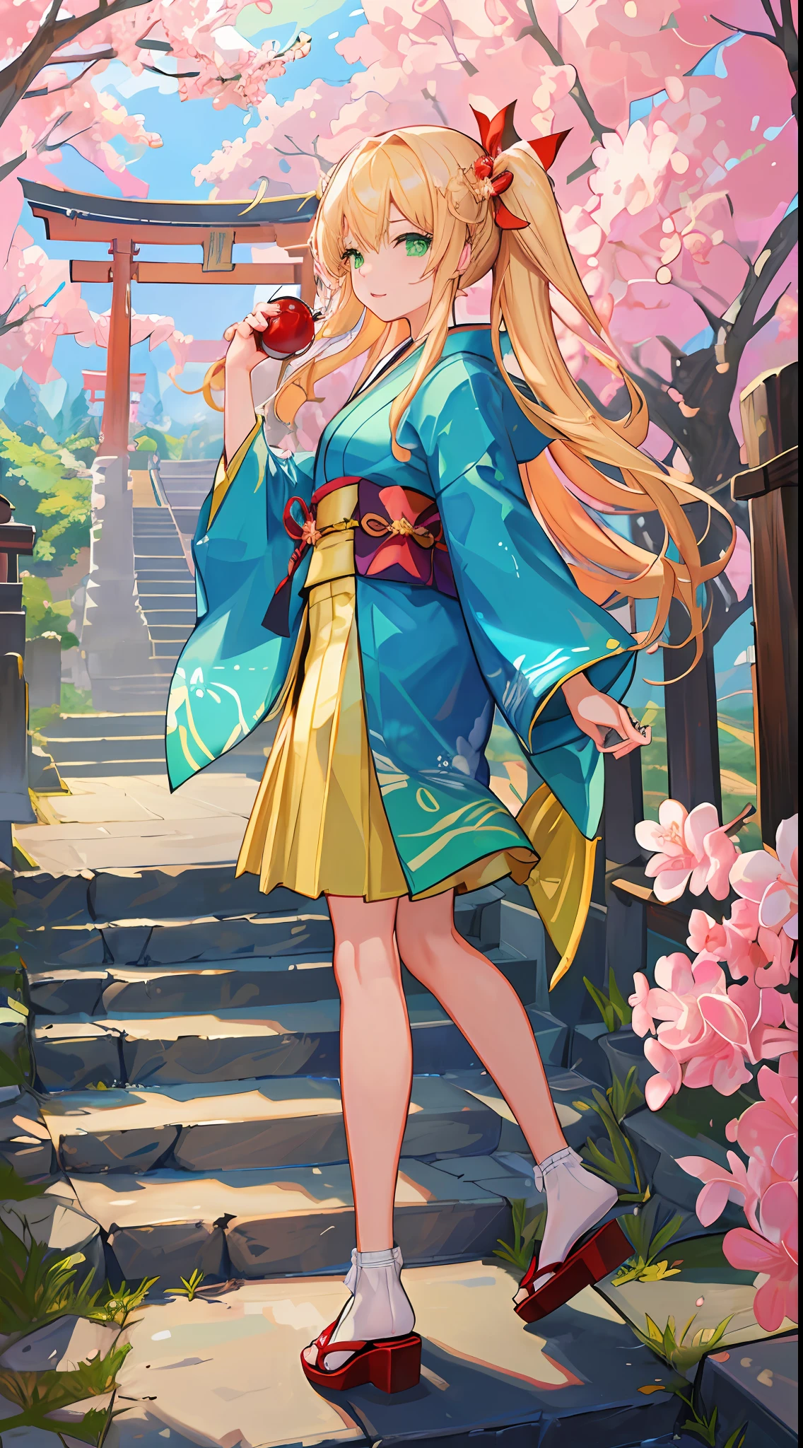 ((masterpiece, best quality, high resolution, super resolution, super detailed, ultra detailed, rich background)), 1girl, solo, green eyes, blonde long hair tied with blue ribbon, blunt bangs, cute hairpin, japanese clothes, kimono, sandals, ribbon, obi, (outdoor), cherry blossom, torii gate, stone staircase, afternoon, cherry blossoms fall, dramatic light, cloudy, temple scenery