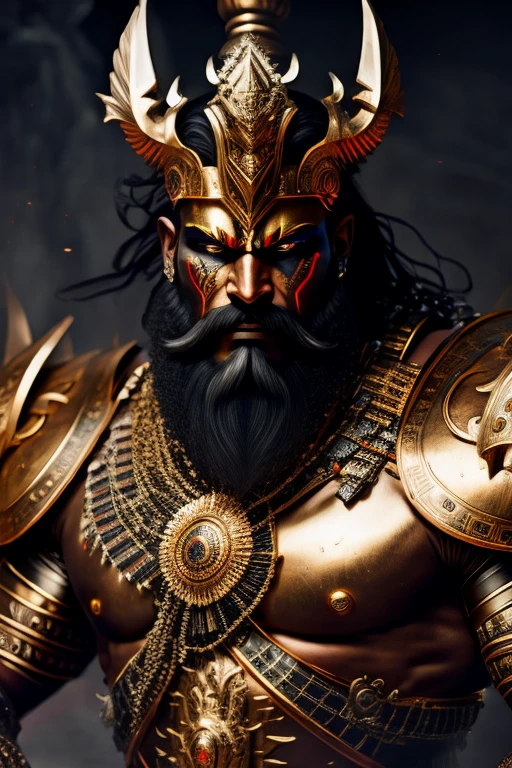 8k rendered digital illustration of a fierce-looking Demon King warrior Ravana possessing extremely powerful demonic weapons, wearing an Indian red-green Kings attire with golden jewellery and black gold armour in a dark universe, a mild burning hellish environment giving the scene a dark atmosphere but sculpting the forms in sharp chiaroscuro), it is night time, (highly detailed skin), ((black beard)), (highly detailed face), ((black gold armor)), detailed background, dark lighting, twilight lighting, volumetric lighting, intricate details, UHD, extremely detailed masterpiece, intricate details, (Highest quality:1.3), cinematic shot, ((masterpiece)), (sharp focus:1.5), (photorealistic:1.3), muscular body, hairy chest, body builder, (detailed face), detailed background, depth of field, (dark lighting:1.3), dramatic lighting, twilight lighting, volumetric shadows, highly detailed, intricate details, 8k, UHD, HDR, trending on Artstation, Award wining legendary art