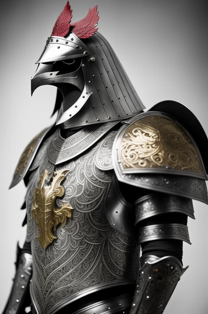 a close up of a knight in a black armor with gold and white details with a red rooster as his helmet, ornate steel armour, ornate armour, intricate medieval armour, ornate iron armour, detailed intricate ornate armour, armor made of steel, ornate gothic armor, beautiful armor, ornate silver armour, highly detailed armor, ornate armor, detailed armor, armour merging with body, detailed fantasy armor