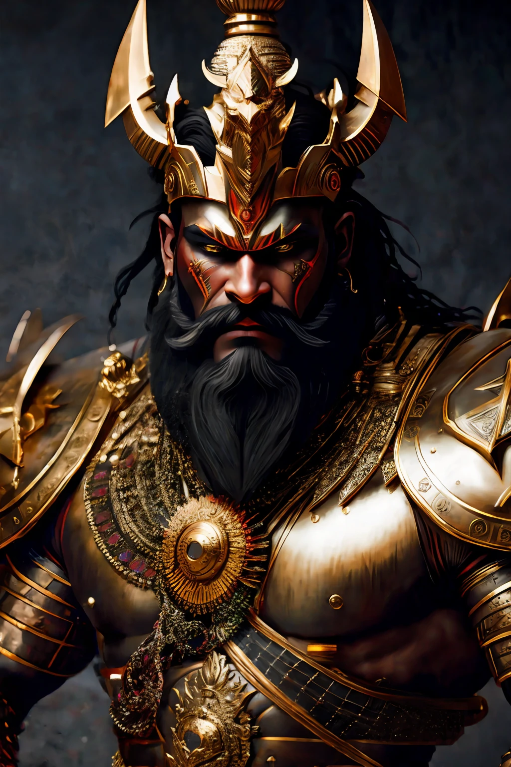 8k rendered digital illustration of a fierce-looking Demon King warrior Ravana possessing extremely powerful demonic weapons, wearing an Indian red-green Kings attire with golden jewellery and black gold armour in a dark universe, a mild burning hellish environment giving the scene a dark atmosphere but sculpting the forms in sharp chiaroscuro), it is night time, (highly detailed skin), ((black beard)), (highly detailed face), ((black gold armor)), detailed background, dark lighting, twilight lighting, volumetric lighting, intricate details, UHD, extremely detailed masterpiece, intricate details, (Highest quality:1.3), cinematic shot, ((masterpiece)), (sharp focus:1.5), (photorealistic:1.3), muscular body, hairy chest, body builder, (detailed face), detailed background, depth of field, (dark lighting:1.3), dramatic lighting, twilight lighting, volumetric shadows, highly detailed, intricate details, 8k, UHD, HDR, trending on Artstation, Award wining legendary art