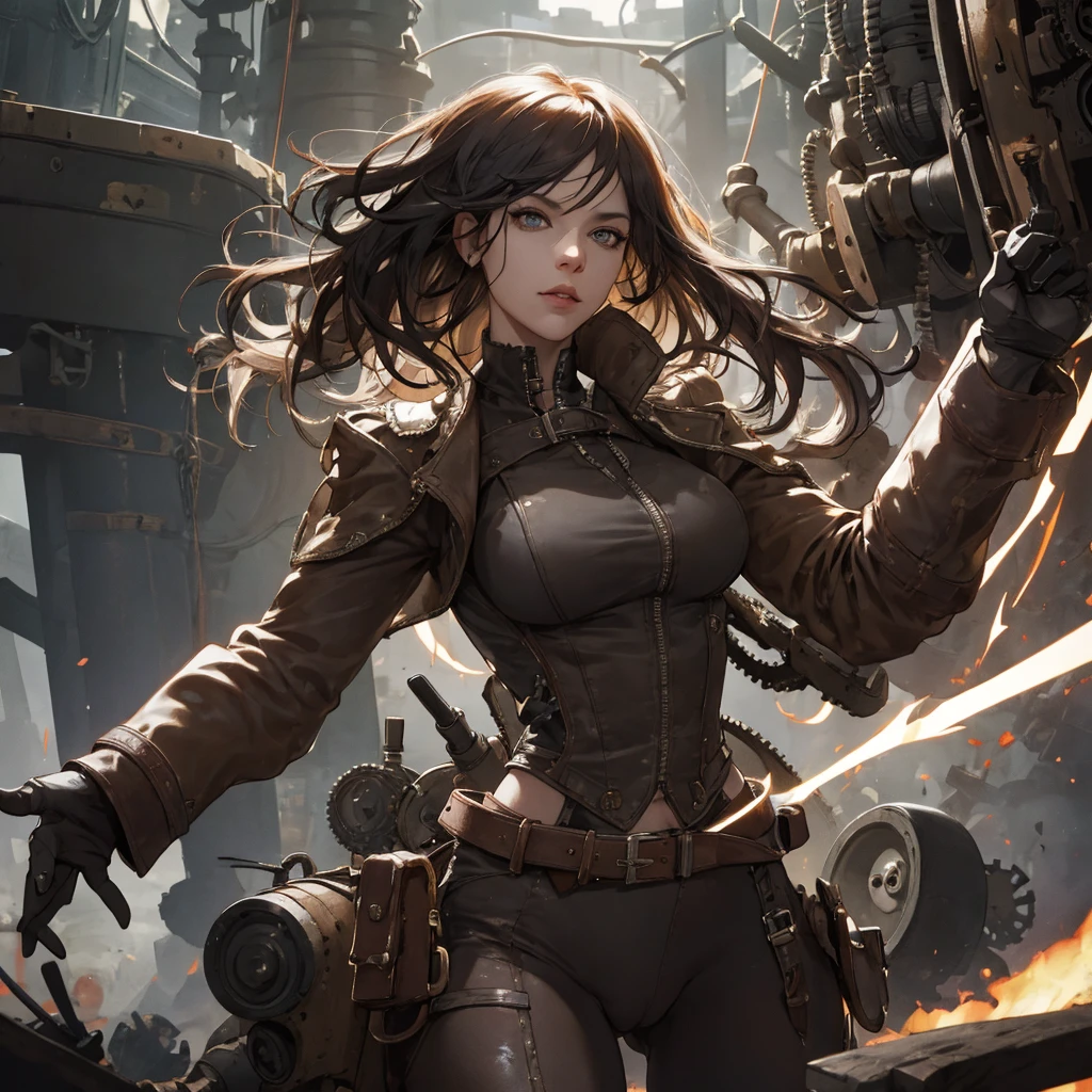 suggestive sexy pose,(absurdres, highres, ultra detailed,voluptuous body),very marked cameltoe,gigantic natural sagging breast,wide hips,1woman, mature female, aged up, wavy long hair, split-color hair, random eye color, bangs, long sleeves, finely detailed eyes and detailed face, extremely detailed CG unity 8k wallpaper, intricate details, (style-rustmagic:0.8), (sexy steampunk clothes :0.8), portrait, (bloody wounds:0.7), looking at viewer, solo, half shot, detailed background, (steampunk theme:1.1) determined expression, dark couds technomancer, floating lights, color leather vest with gears, techwear, jetpack, workshop in background, machines, gears, steam, industry, technology, furnace, grime, anvil, buttons, levers, automaton, electricity, electric sparks epic atmosphere, portrait