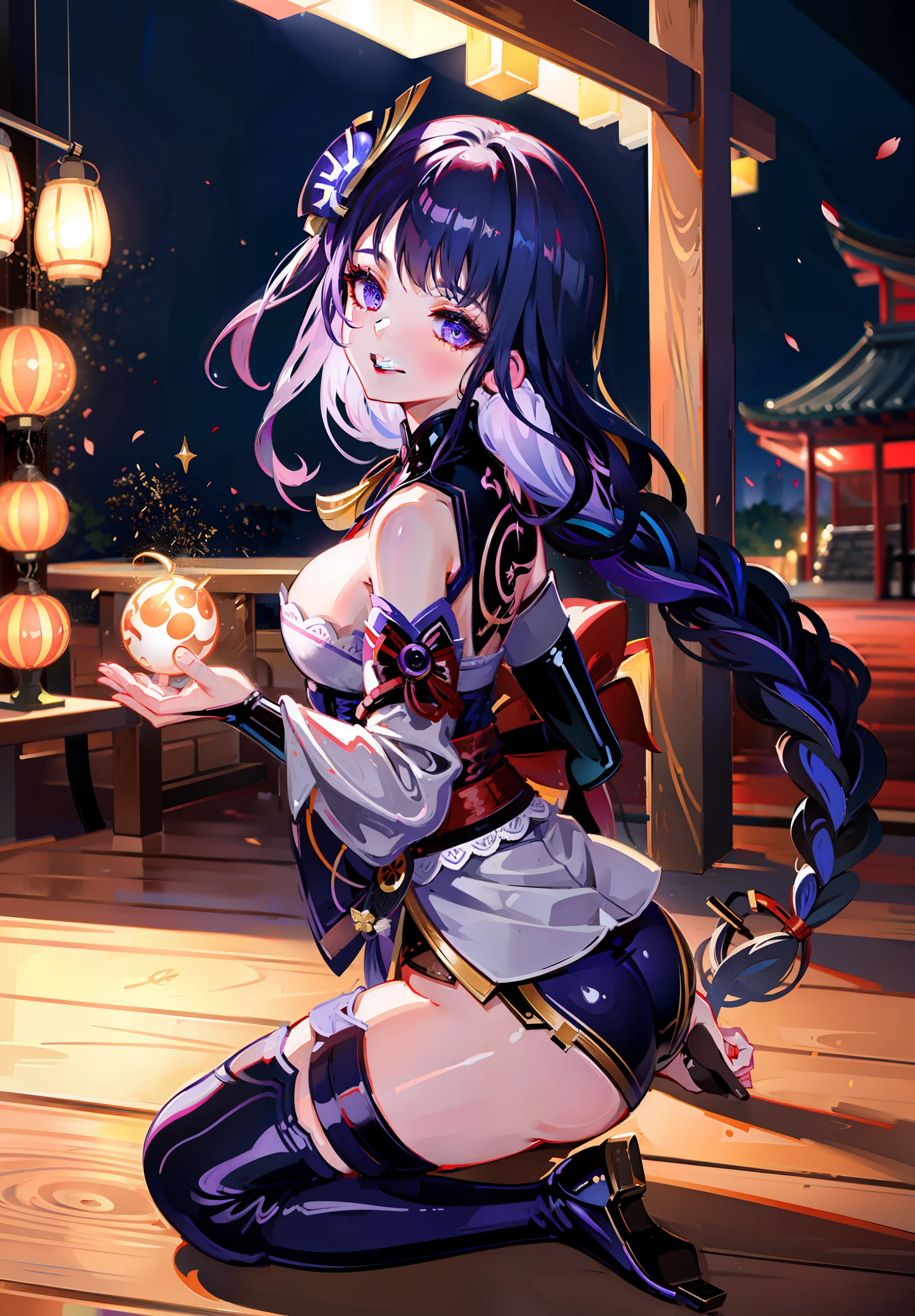 Girl, Raiden Shogun, Korean woman, shoulder exposure, shoulder smooth texture latex, coveted smile, anime feel, evil devil, {black painting}, {teasing smile}, {teasing smile}, high quality, clear picture,