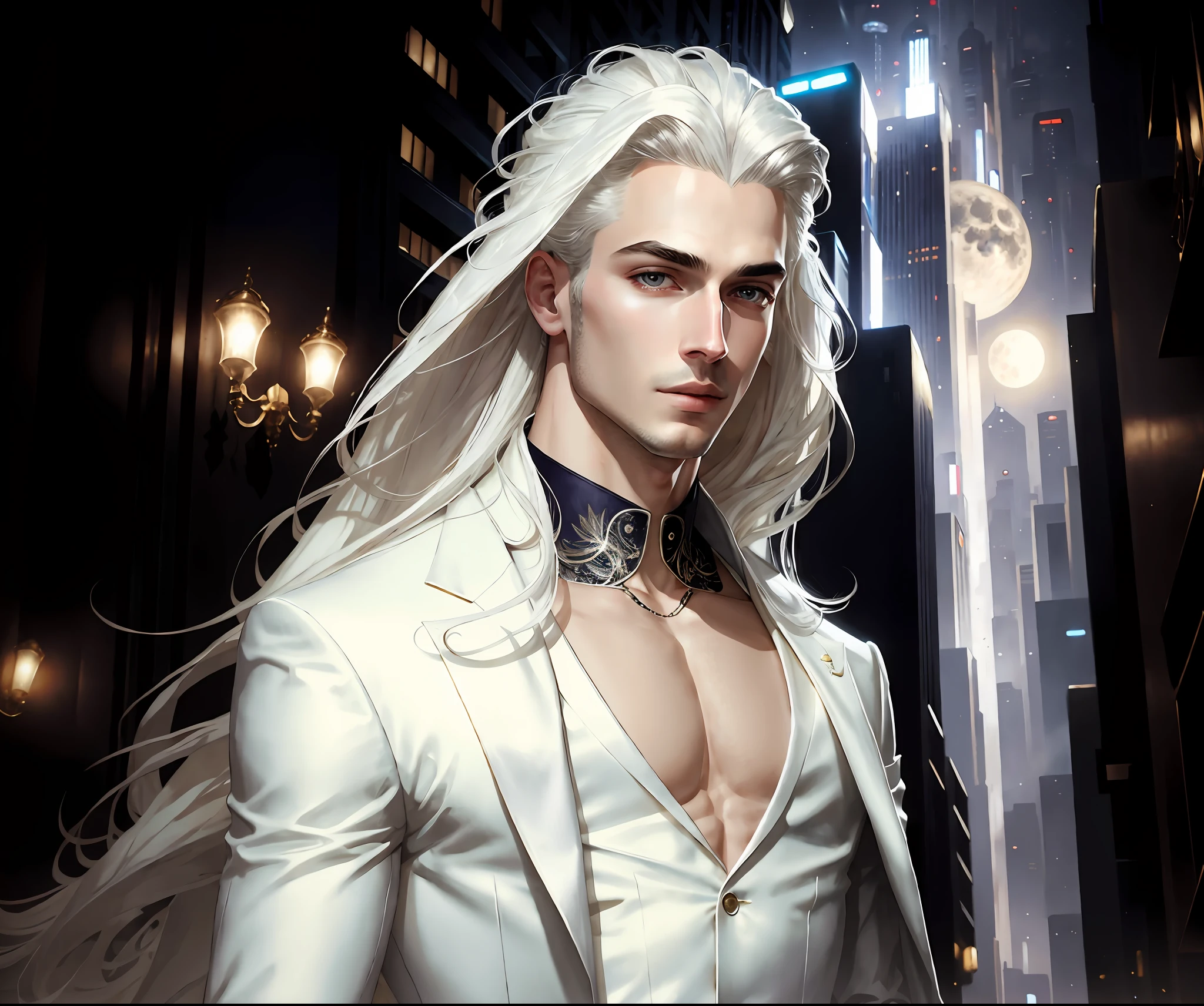 masterpiece, highest quality, (solo focus), (perfect face:1.1), (high detail:1.1),dramatic, 1guy, (pale skin), long white hair, white eyes, [light eyebrows], solo, long hair, moon, night, white luxury suit, covered navel, pouty lips, covered, futuristic city, detailed background, art by artgerm and greg rutkowski, cinematic lighting, roses, fashion, BalenciagaStyle