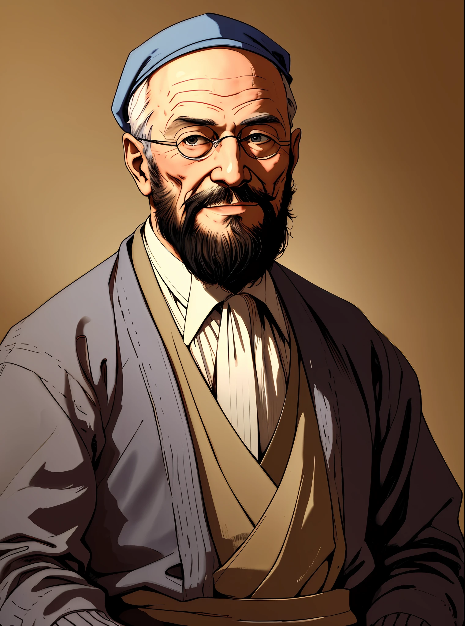Portray an Elderly Russian man with a thin beard and a headscarf, dressed in traditional Muslim attire, posing for a portrait in a dignified manner. The background should be dark and muted to add emphasis to the man's features. Use warm-toned lighting to add depth and richness to the portrait.