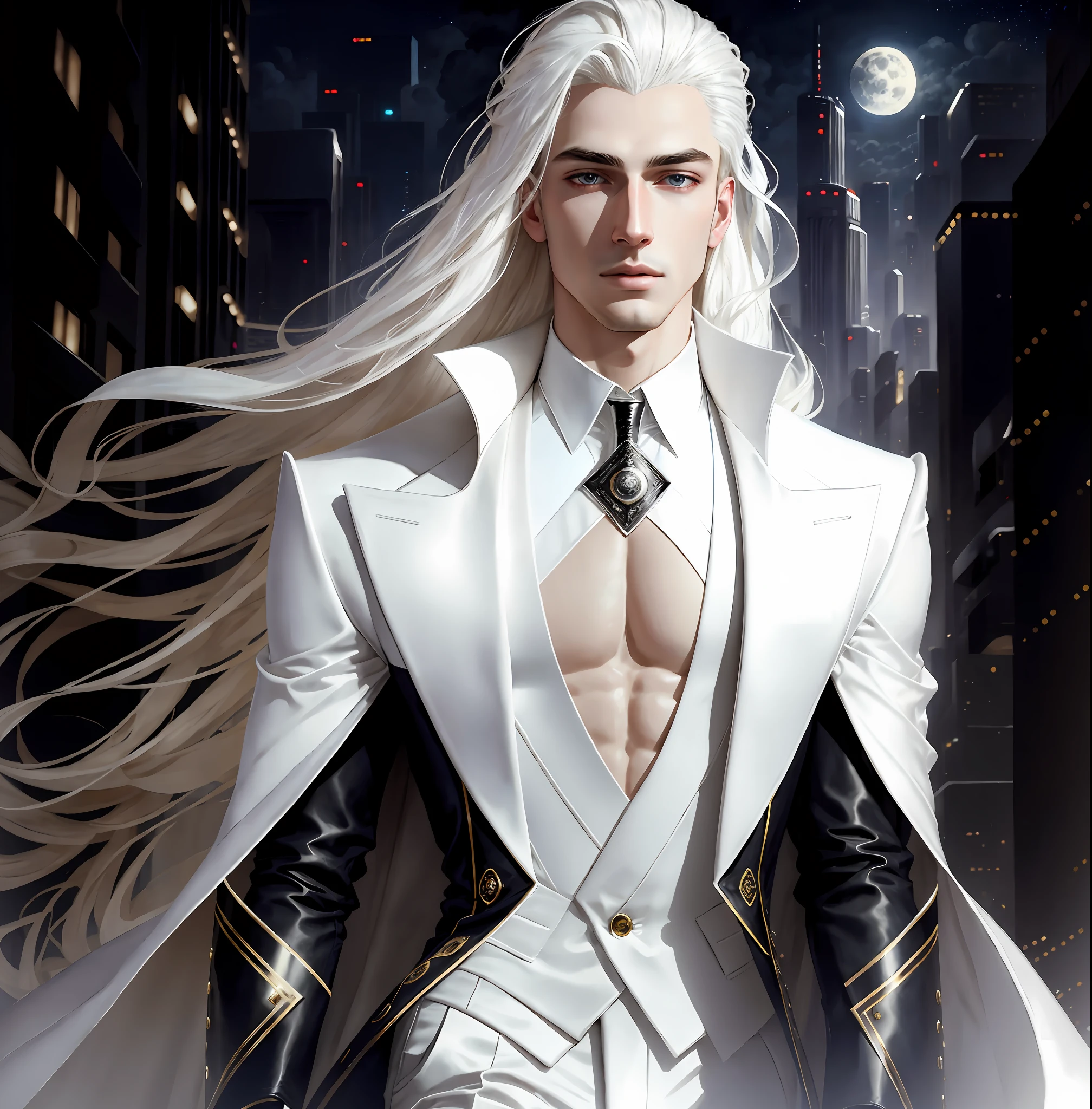 masterpiece, highest quality, (solo focus), (perfect face:1.1), (high detail:1.1),dramatic, 1guy, (pale skin), long white hair, white eyes, [light eyebrows], solo, long hair, moon, night, white luxury suit, covered navel, pouty lips, covered, futuristic city, detailed background, art by artgerm and greg rutkowski, cinematic lighting, roses, fashion, BalenciagaStyle