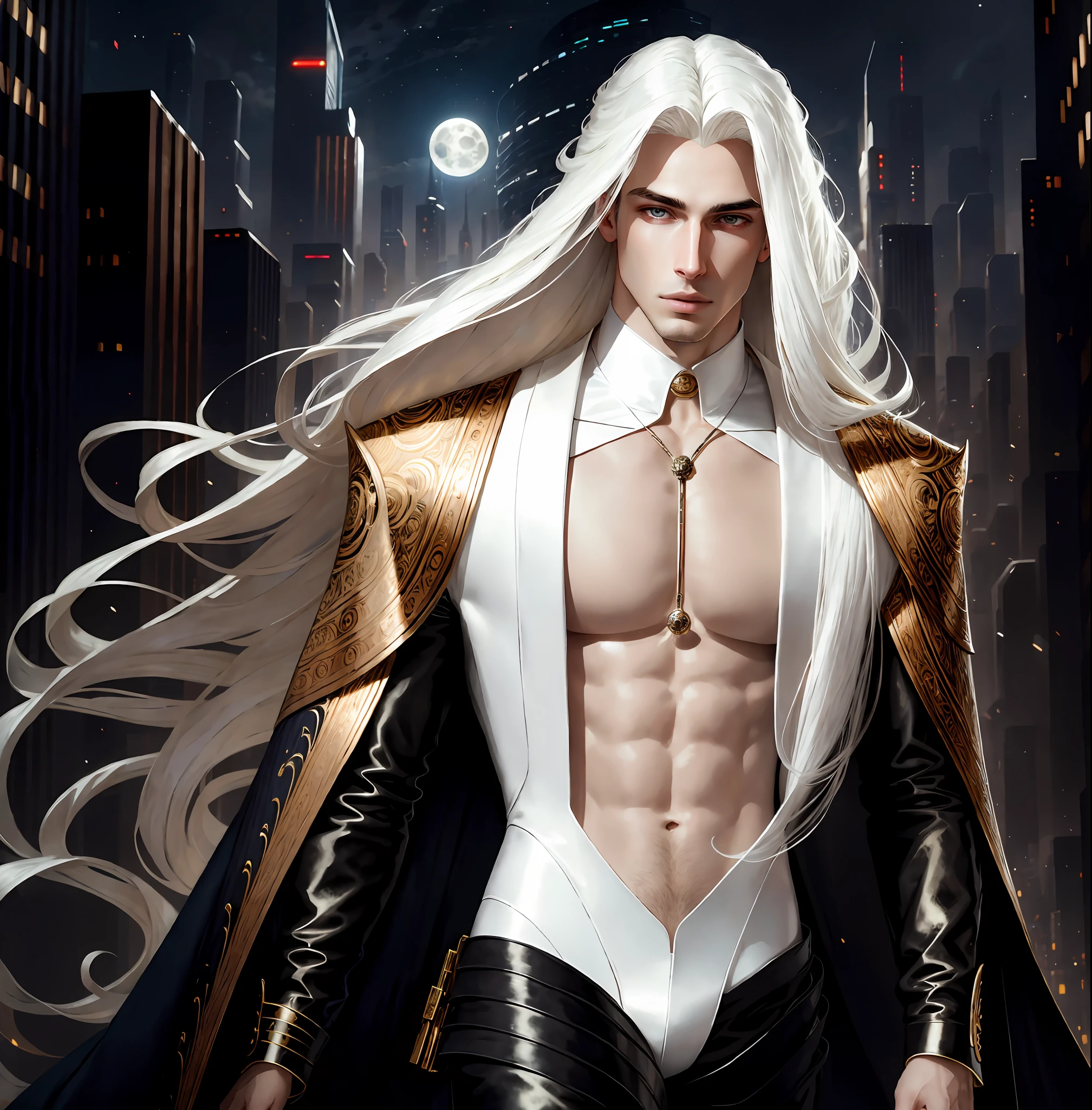 masterpiece, highest quality, (solo focus), (perfect face:1.1), (high detail:1.1),dramatic, 1guy, (pale skin), long white hair, white eyes, [light eyebrows], solo, long hair, moon, night, white luxury suit, covered navel, pouty lips, covered, futuristic city, detailed background, art by artgerm and greg rutkowski, cinematic lighting, roses, fashion, BalenciagaStyle