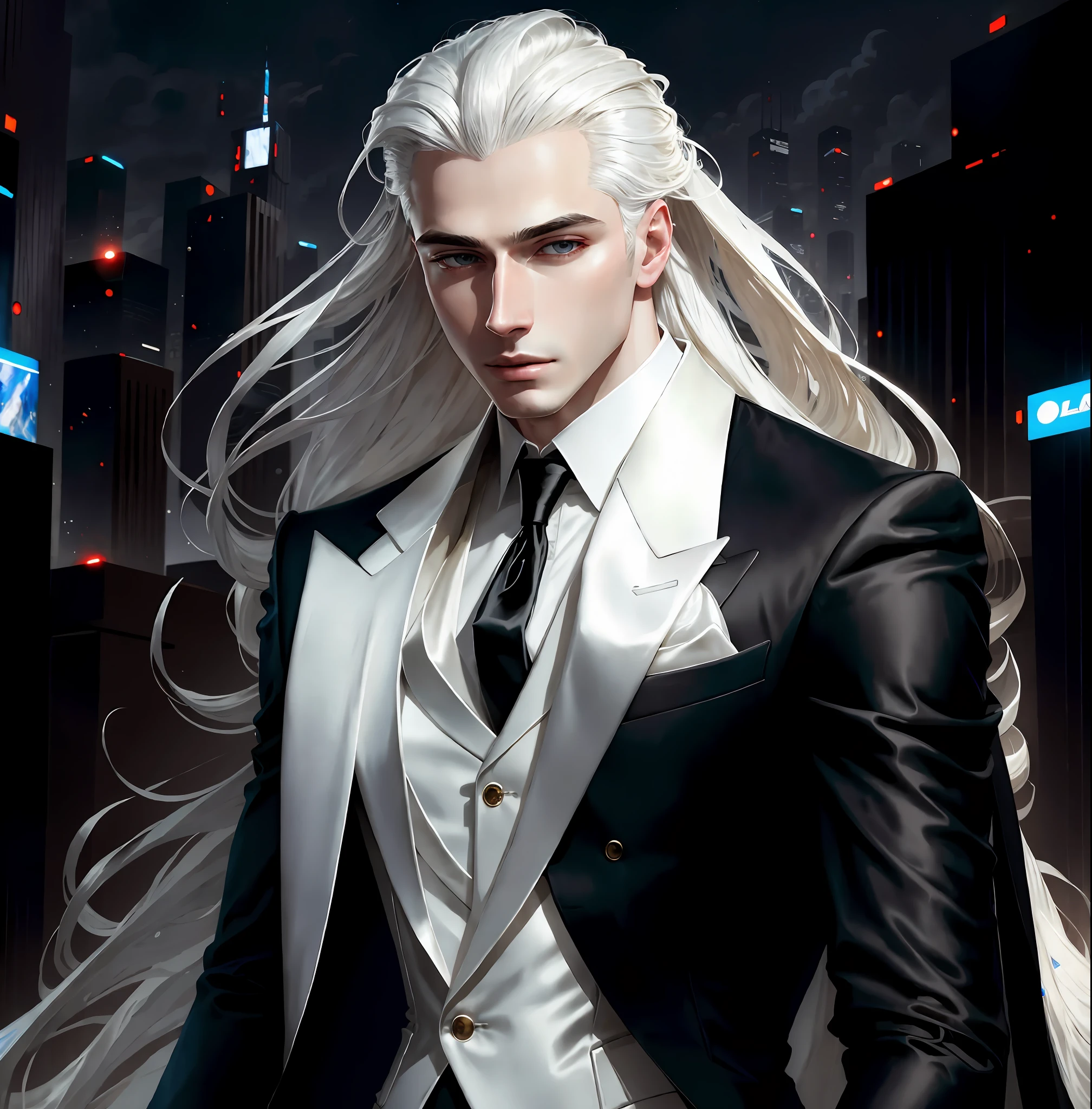 masterpiece, highest quality, (solo focus), (perfect face:1.1), (high detail:1.1),dramatic, 1guy, (pale skin), long white hair, white eyes, [light eyebrows], solo, long hair, moon, night, white luxury suit, covered navel, pouty lips, covered, futuristic city, detailed background, art by artgerm and greg rutkowski, cinematic lighting, roses, fashion, BalenciagaStyle