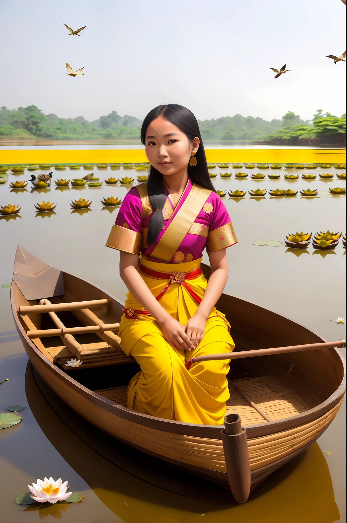 A very beautiful young woman in Burmese traditional dress is riding a boat in a pond with lotus flowers. Birds and animals all around look very good. friendly and natural Draw in detail