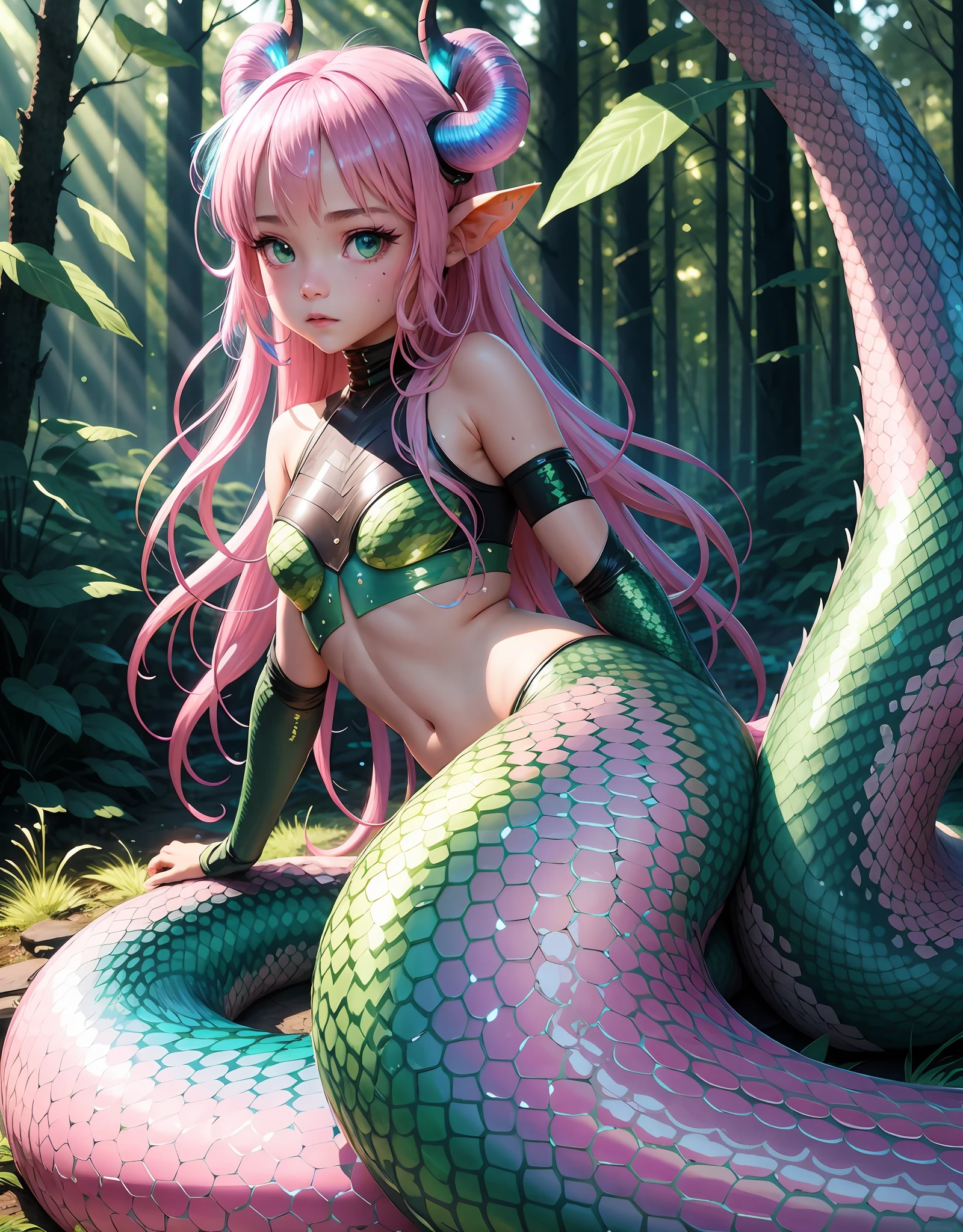 detailed snake skin, (preteen girl), solo focus, (lamia), stoic, monster girl, (short horns), beautiful eyes, beautiful background, abandoned cabin, forest, light particles, sun rays, dramatic lighting, outside, grass, leaves, shiny (pink, blue, green gradient:1.5), realistic, masterpiece, best quality, ultra-detailed, detailed, scenery, beautiful detailed eyes, detailed hair,