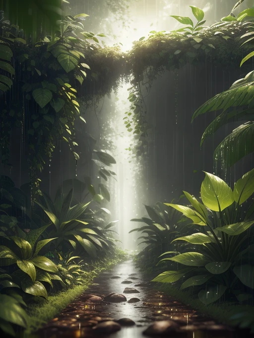 Jungle, heavy rainfall, monochrome, vines everywhere, huge wet trees, masterpiece, best quality, high quality, very detailed CG unity 8k wallpaper, oil painting, award winning photography, bokeh, depth of field, HDR, bloom , chromatic aberration, photorealism, very detailed, trending on artstation, trending on CGsociety, intricate, high detail, dramatic, midjourney art, volumetric lighting. Image size: 960x536