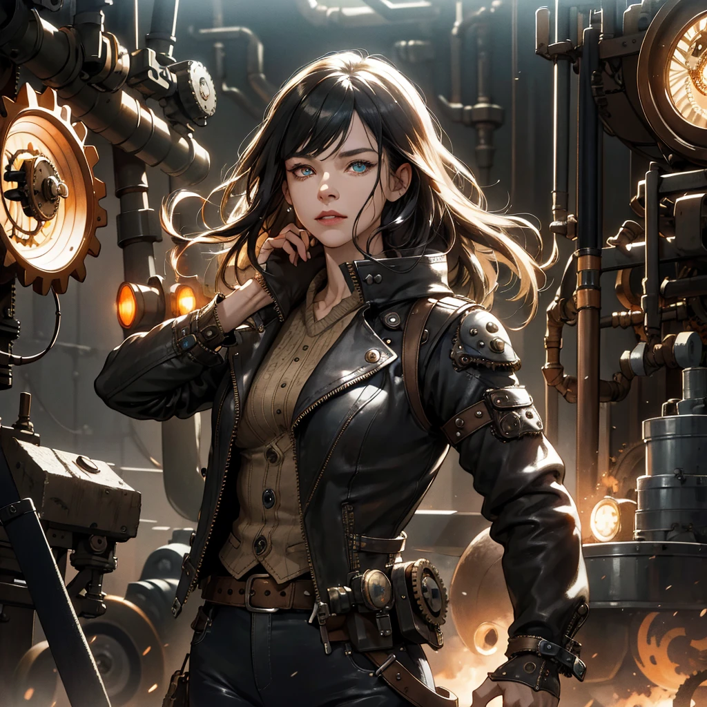 (absurdres, highres, ultra detailed), 1woman, mature female, aged up, wavy long hair, split-color hair, heterochromia, bangs, long sleeves, finely detailed eyes and detailed face, extremely detailed CG unity 8k wallpaper, intricate details, (style-rustmagic:0.8), (medieval cyborg:0.8), portrait, (bloody wounds:0.7), looking at viewer, solo, half shot, detailed background, (steampunk theme:1.1) determined expression, dark couds technomancer, floating lights, color leather vest with gears, techwear, jetpack, workshop in background, machines, gears, steam, industry, technology, furnace, grime, anvil, buttons, levers, automaton, electricity, electric sparks epic atmosphere,, portrait