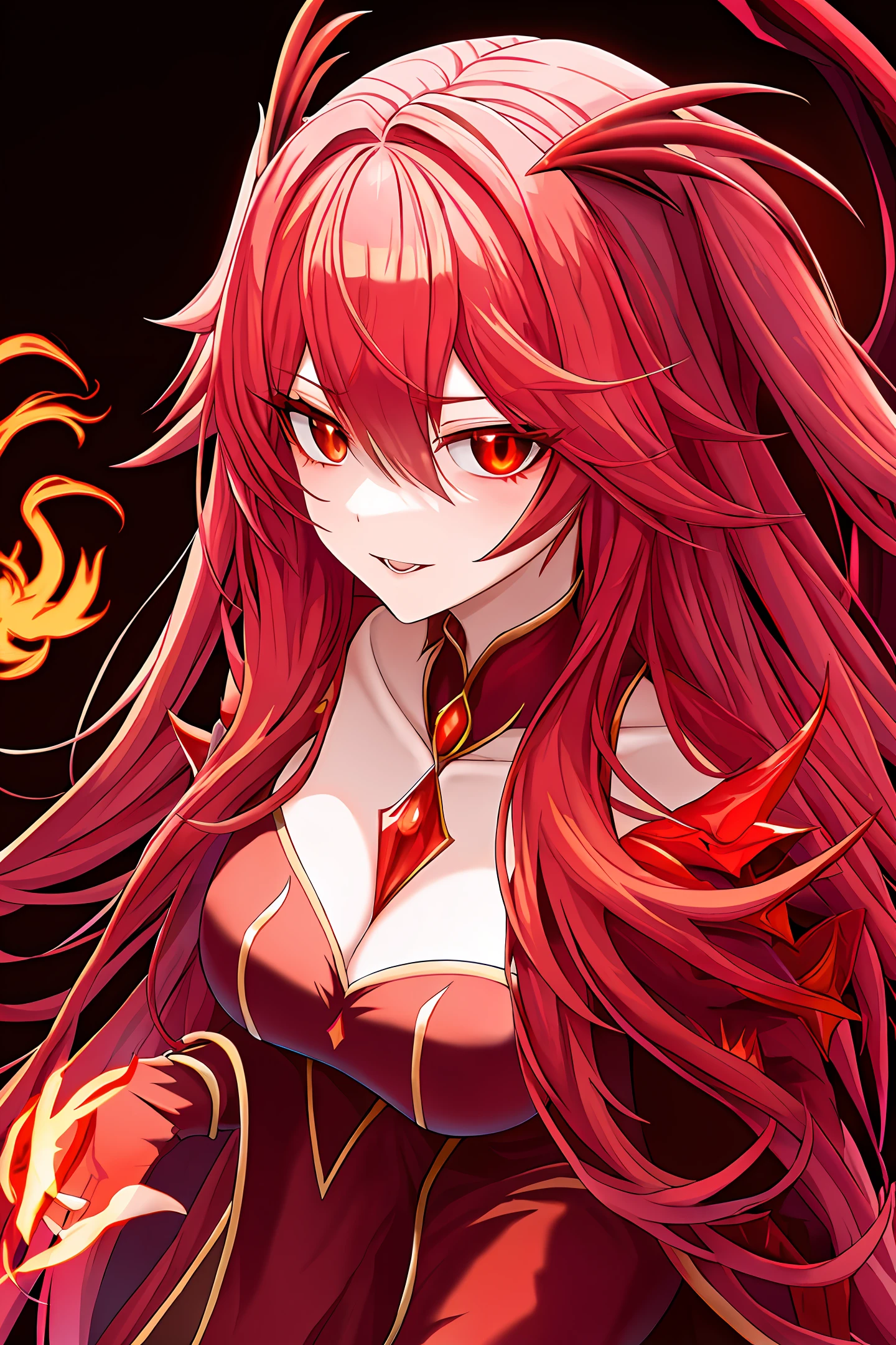 vampire  phoenix queen lady standing with detailed calm face beautiful figure, background phoenix bird , flame all around no blur clear vision