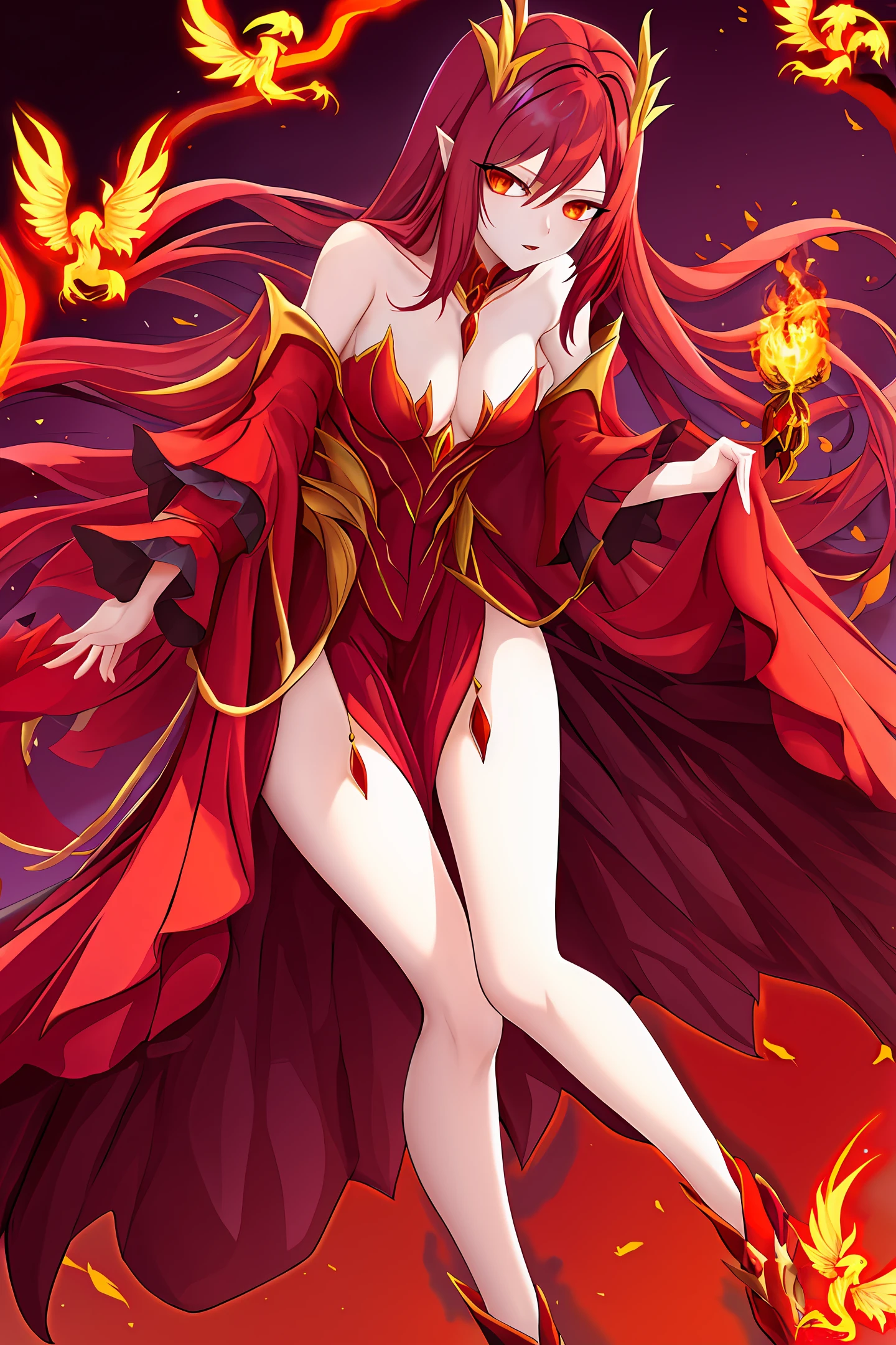 vampire phoenix queen lady standing with detailed calm face beautiful figure, background phoenix bird , flame all around no blur clear vision