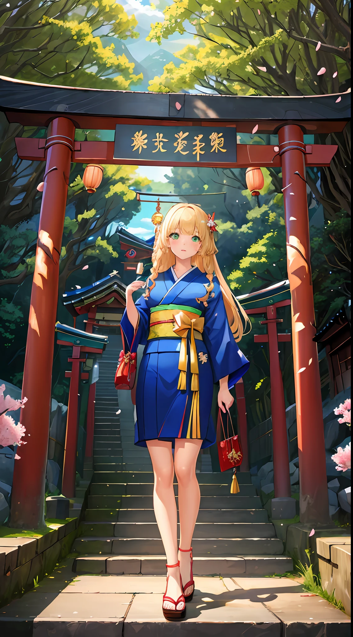 ((masterpiece, best quality, high resolution, super resolution, super detailed, ultra detailed, rich background)), 1girl, solo, green eyes, blonde long hair tied with blue ribbon, blunt bangs, cute hairpin, japanese clothes, blue short kimono, sandals, ribbon, obi, (outdoor), cherry blossom, torii gate, stone staircase, afternoon, cherry blossoms fall, dramatic light, cloudy, scenery