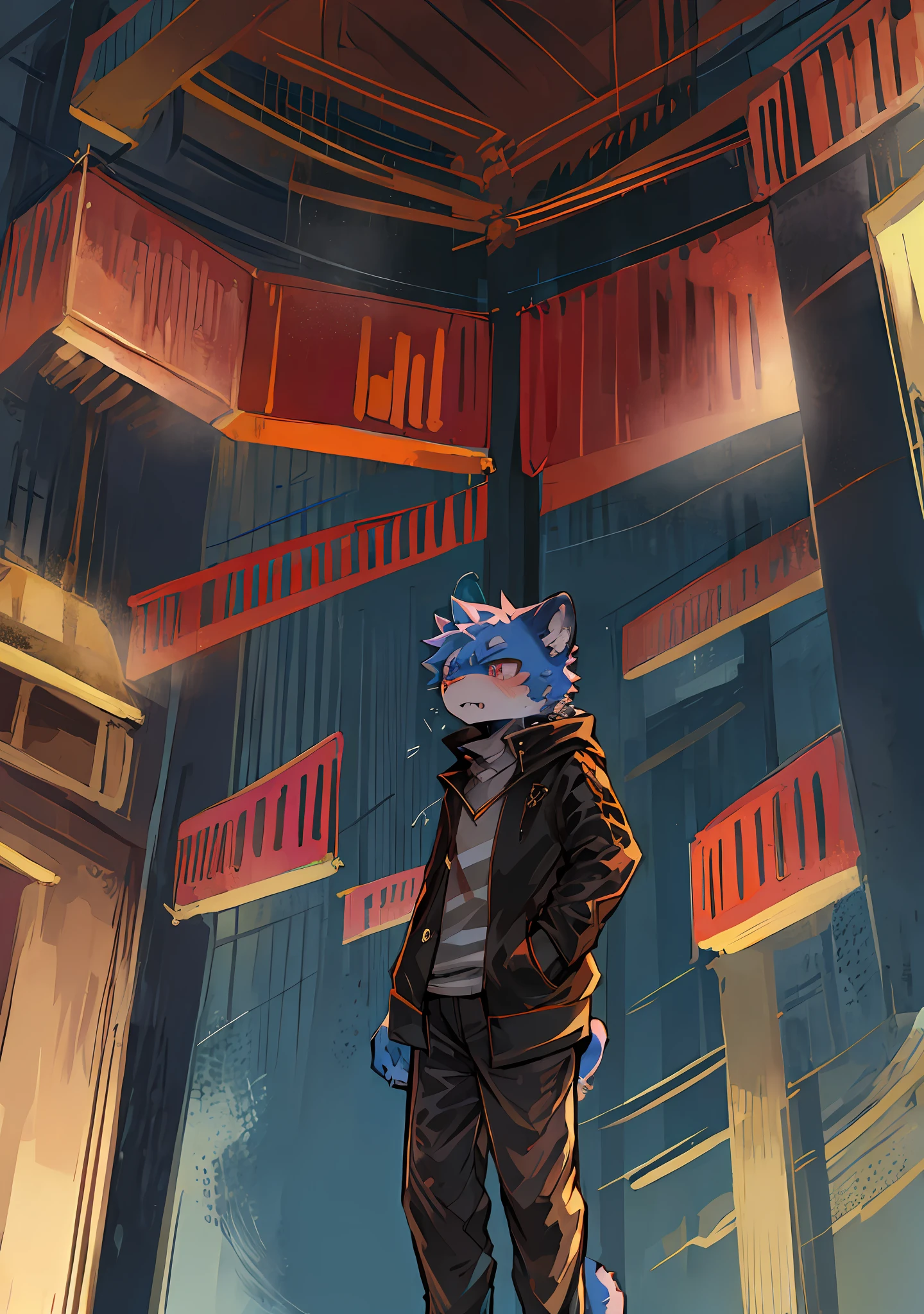 zackary911, by majmajor, by syuro, by dagasi, by wolfwithwing, by hanuvo, by tabhead, by zinfyu, by seraziel, (by dagasi:1.1), BREAK,masterpiece, highres, 8k, detailed background, high quality, BREAK,(( panther, leopard,black fur, cat tail, fluffy, detailed fur)) fur,BREAK,Modern city, tall buildings, dark clouds, lightning, BREAK,
,male,thunder,Fundoshi,Angry, lightning in the eyes, discharge,jacket,(Palm shoots lightning,eye shoots lightning:1.2)
Negative prompt: (boring_e621:1.0),(EasyNegative:0.8),(deformityv6:0.8),(bad-image-v2:0.8),(worst quality, low quality:1.4), (frame, border, film grain, greyscale:1.0),(text, signature, watermark, username:1.0), (nsfw,duo,female,girl,3D,realistic,CG,feral,nude,naked,animal:1.0), (bad anatomy:1.1), bad hands, error, missing fingers, extra digit, fewer digits
Size: 512x728, Seed: 9097329, Model: Crosskemono2.5, Steps: 40, Sampler: DPM++ 2M Karras, CFG scale: 8, Model hash: 167e5bcb37
