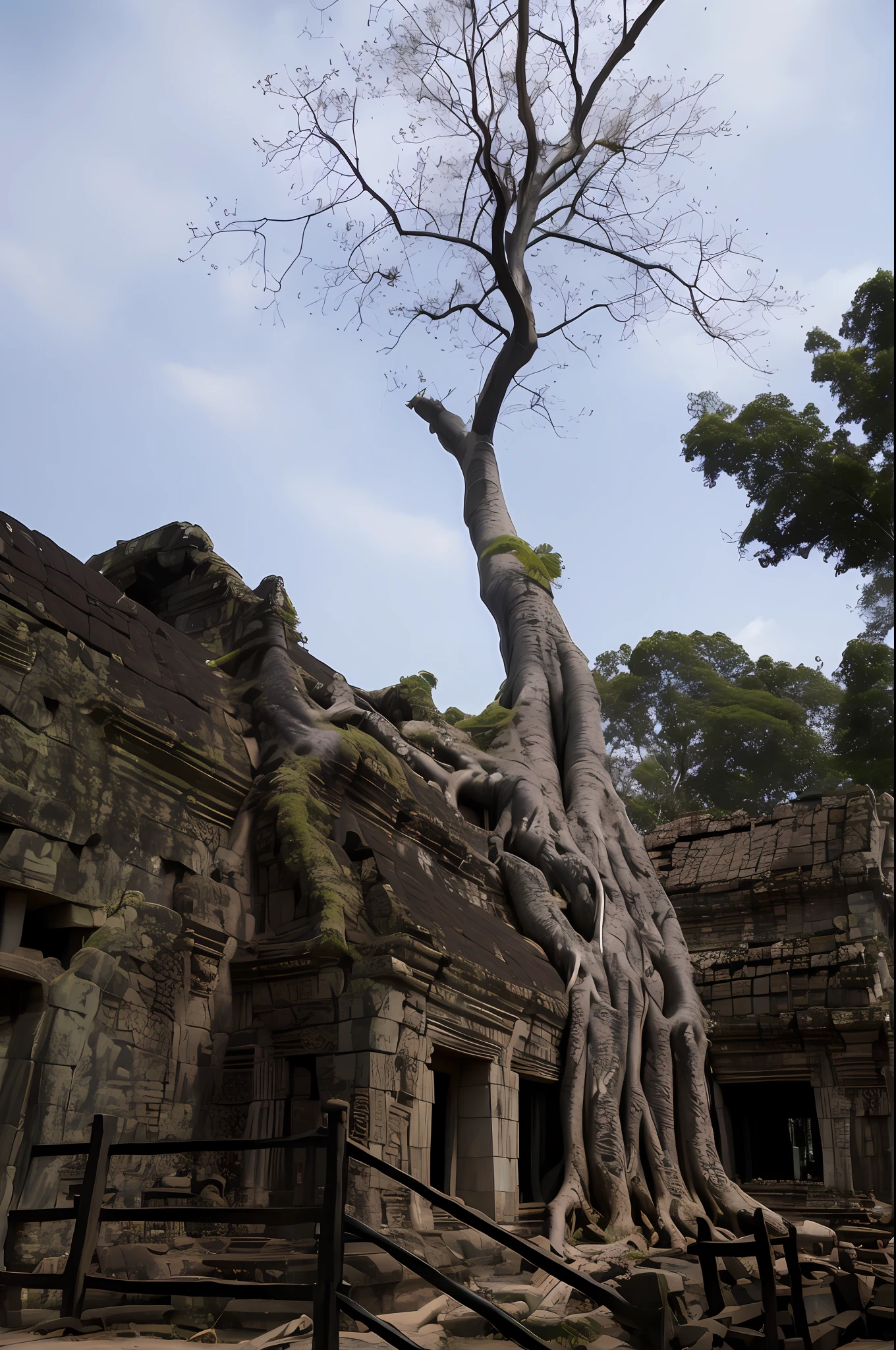 there is a tree growing out of the side of a building, cambodia, angkor thon, angkor, angkor wat, large temples, ancient tree, seen from below, impressive detail, view from below, temple ruins, huge ancient trees, tree roots, ancient ruins in the forest, ancient trees, intricate roots, ruined temple covered with moss, buttress tree roots