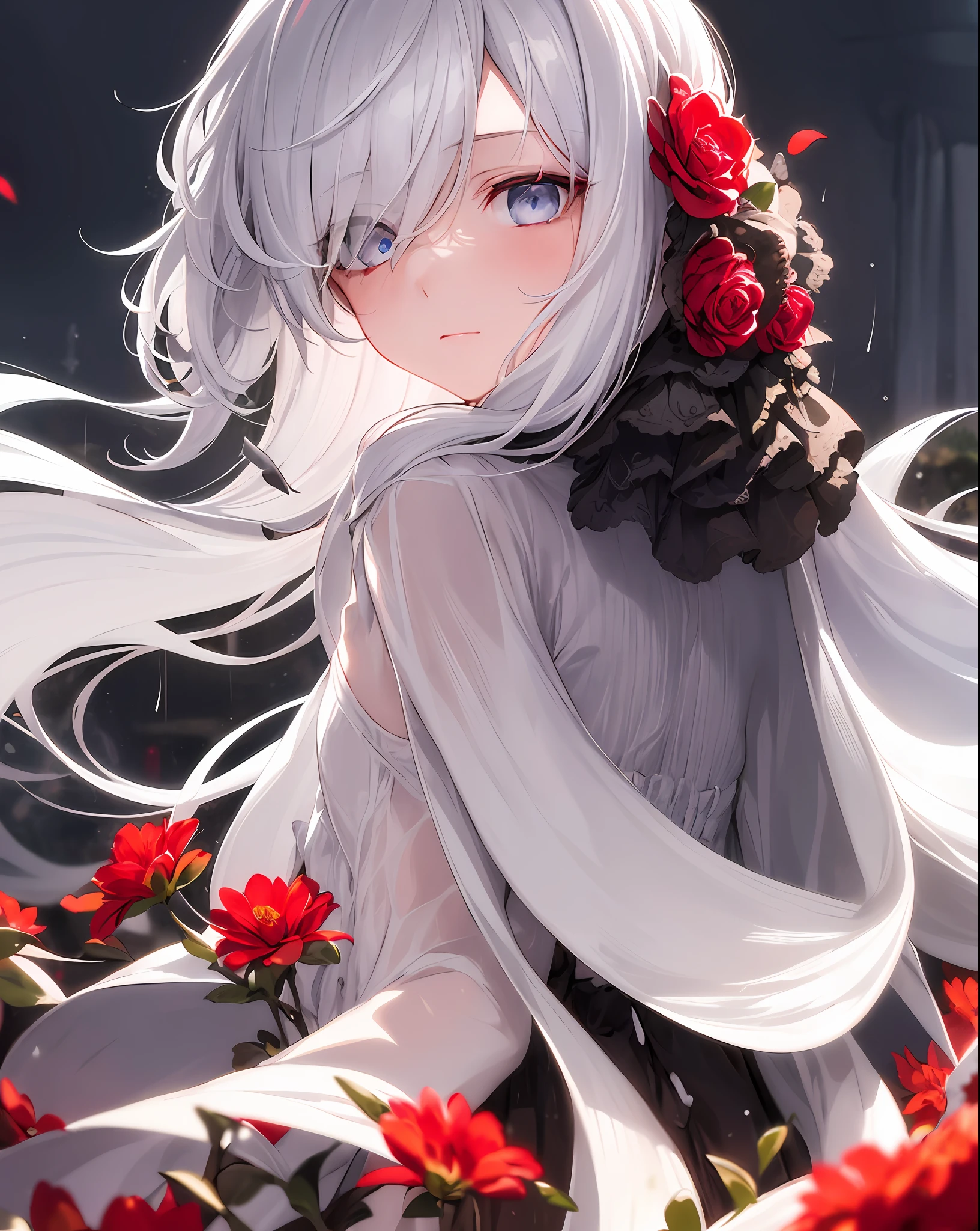 1girl,solo,1girl,solo,((beautiful detailed eyes)), (detailed light),depth of field,(white hair),silver eyes,hair over one eye,(red flower ), hair flower,long hair,black cloak,wet,emotionless,looking back,night,starfall,raining,fog,red flowers falling,sketch,upper body,intense shadows,