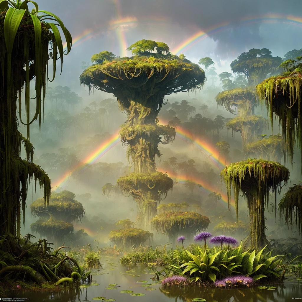 stalenhag, (dense alien jungle swamp:1.3), (many strange unusual rainbow flowers:1.3), sci-fi, hdr, 8k, 4k, octane renderer, huge detailed, artstation