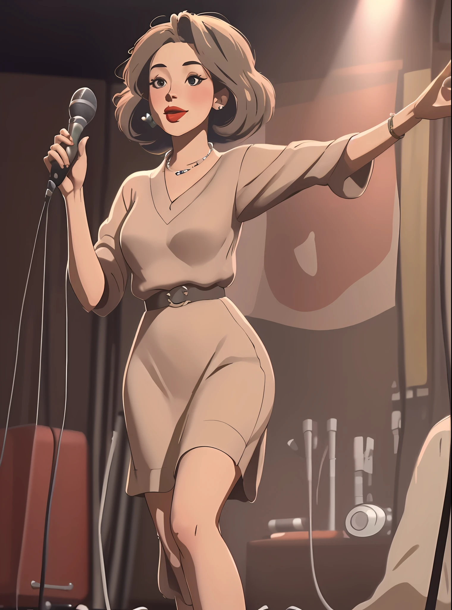 (ultra-detailed CG unity 8K wallpaper, high resolution, best quality), vintage style, charming girl, jazz vocalist, dynamic performance, classic microphone, smoky stage background, 1940s fashion, jazz era outfit.