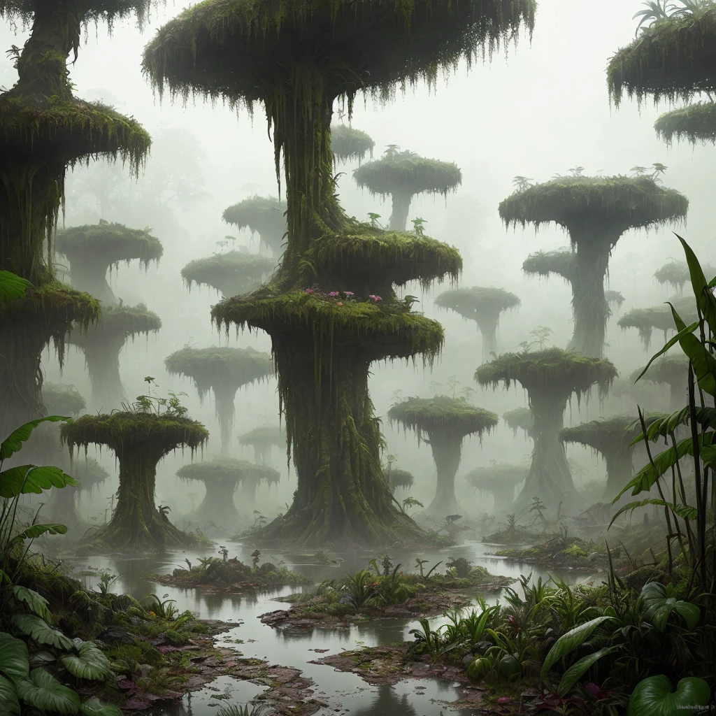 stalenhag, (dense alien jungle swamp: 1), ((many strange unusual fantasy flowers)), sci-fi, hdr, 8k, 4k, octane renderer, very detailed, artstation