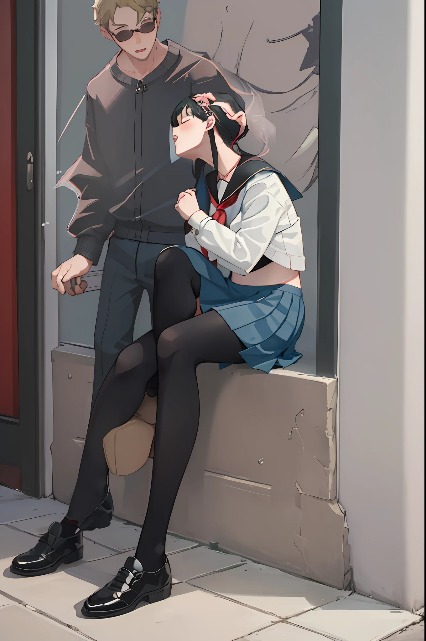 masterpiece, best quality,outdoors,1girl, 1boy, school uniform, hetero, serafuku, skirt, book, closed eyes, shoes, couple, blush, heart, socks, kiss, short hair, pleated skirt, sitting, kissing cheek, gakuran, open book, pants, sneakers, long sleeves, kneehighs, glasses, neckerchief, blue skirt, black pants, red neckerchief, full body, polka dot, sailor collar, holding, shirt, black serafuku, miniskirt