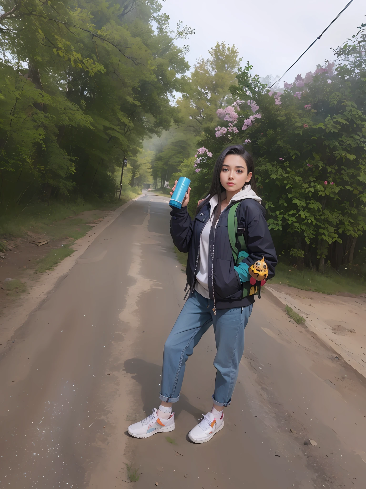a Hyper realistic image of a 18year old girl wearing a bag holding an Ancient key In a forest, 32k, High Quality, Vibrant colors, global illumination, cinematic Lighting, atmospheric Fog