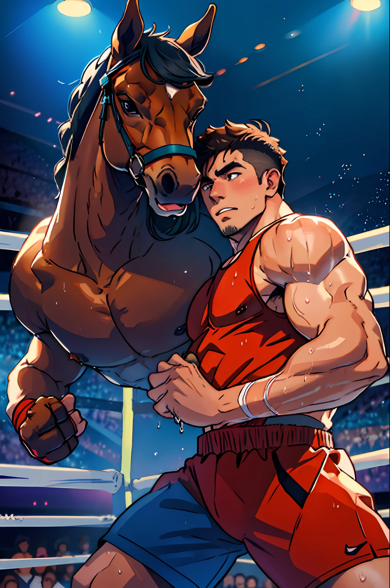 anthro male horse with horse head, athletic build, in the boxing ring, dynamic pose, sweat dripping