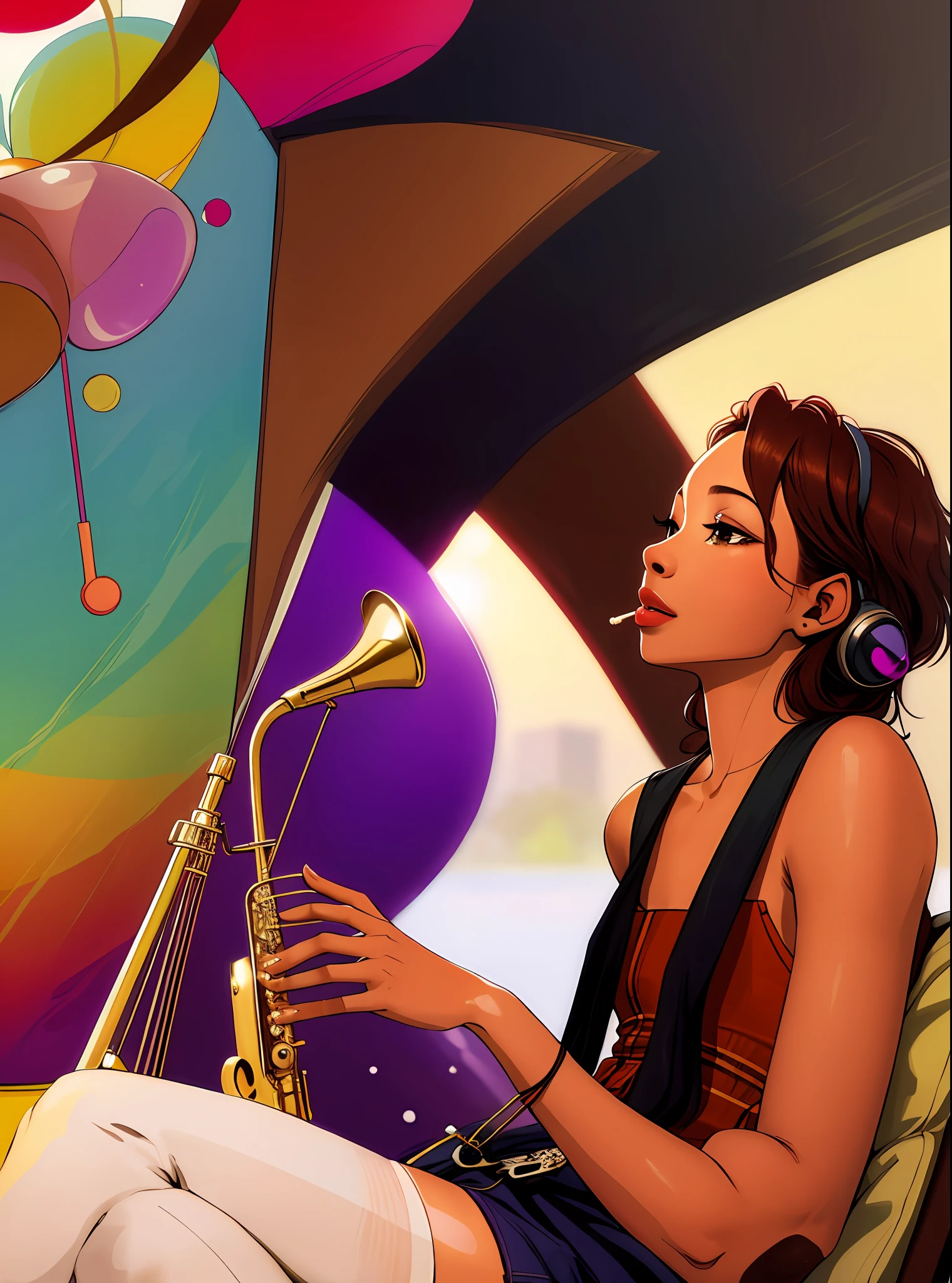 [(An adorable girl:1.2),(1940s fashion, classic):0.9,indulging in smooth jazz music:1.1]