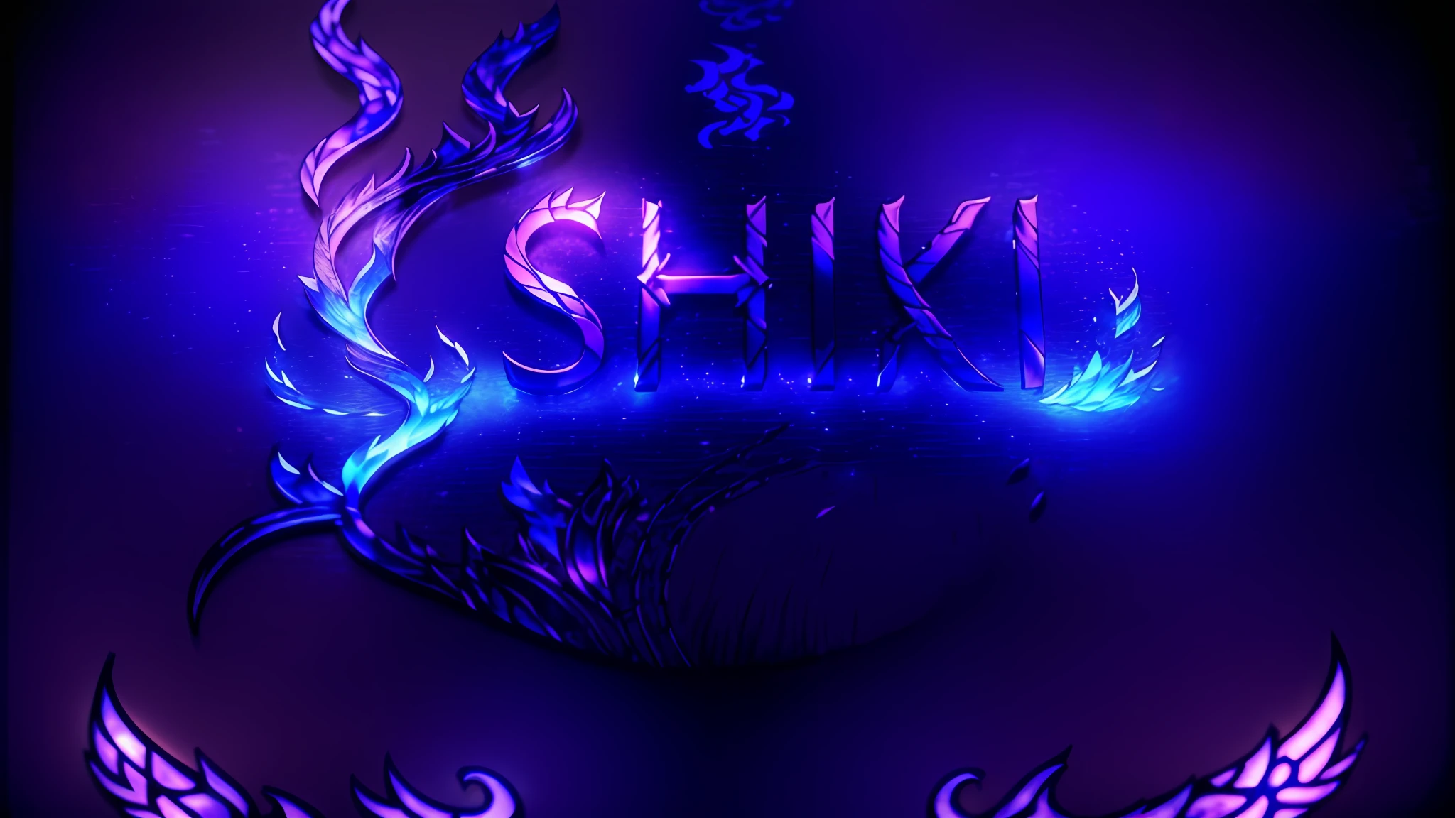 a close up of sign with the word shiki, blue and purple fire, dark souls, japan background, cool background, blue fire, glass, beautiful lighting, bright lighting