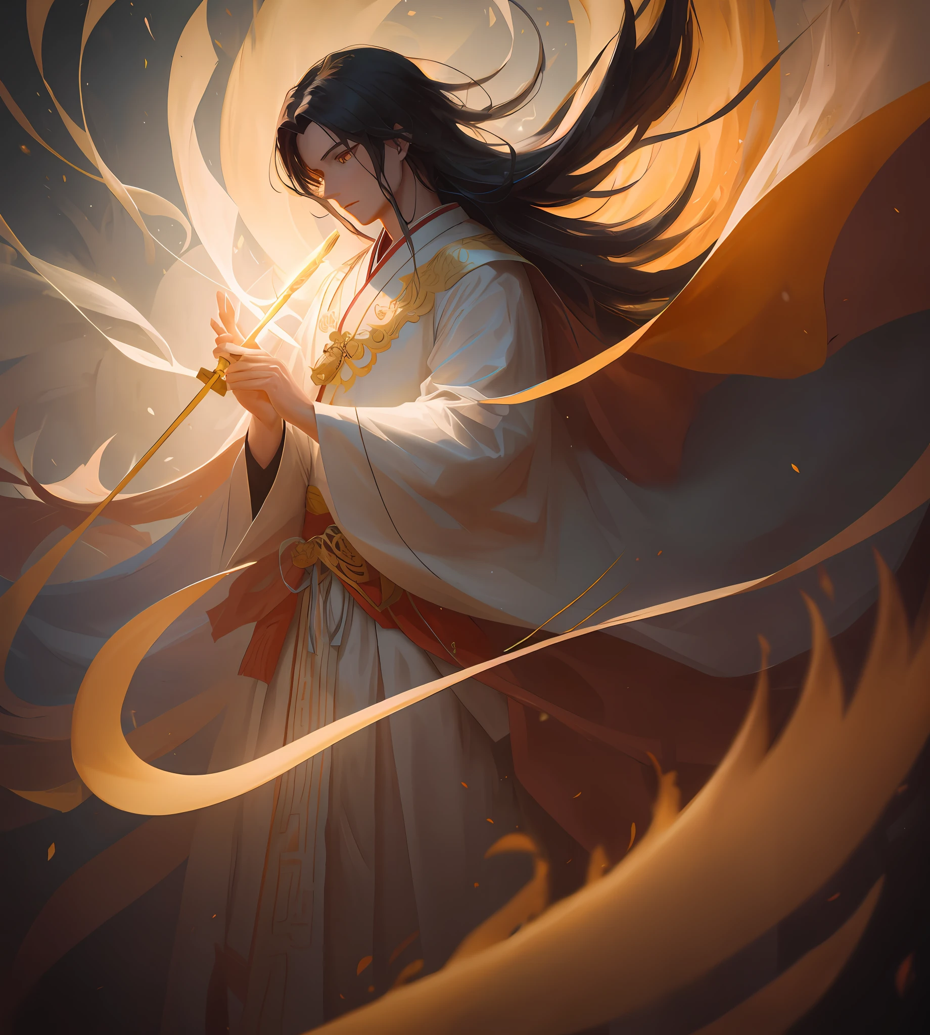 A boy in a long robe, with long streamers floating around, vertical painting style, long hair flowing, diffused energy, flowing light effects, fluffy, holding a sword in his hand, a huge Chinese dragon, depth of field effect, Chinese fairy Style, rich details, cinematic lens, stereoscopic shadows, global illumination, epic picture, extreme details, 8k, myths and legends, masterpieces,