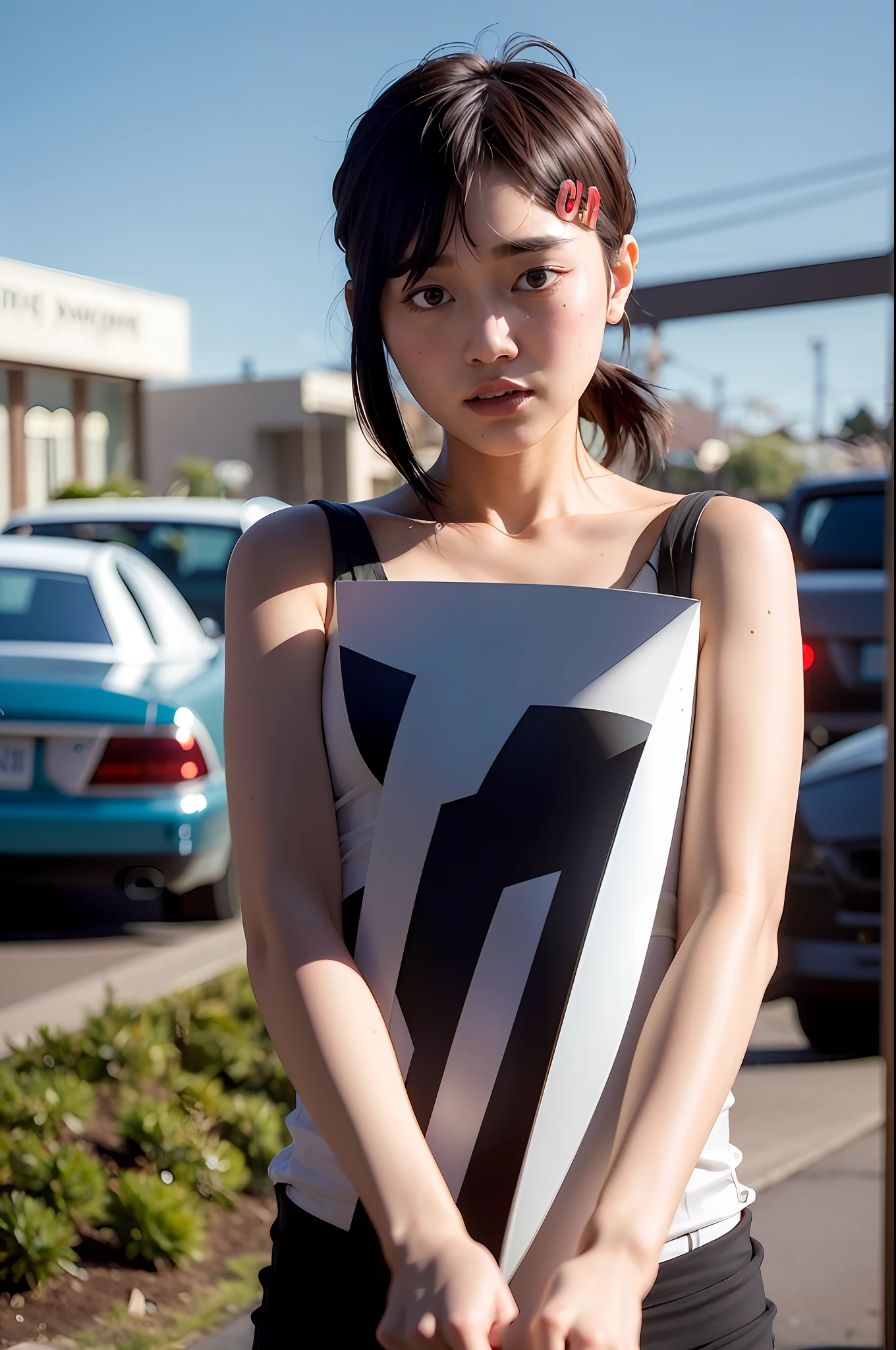 best quality, ultra high res, (photorealistic:1.4), 1girl, hairpin, white men's shirts, black suits, grab a knife (ulzzang-6500:0.8),