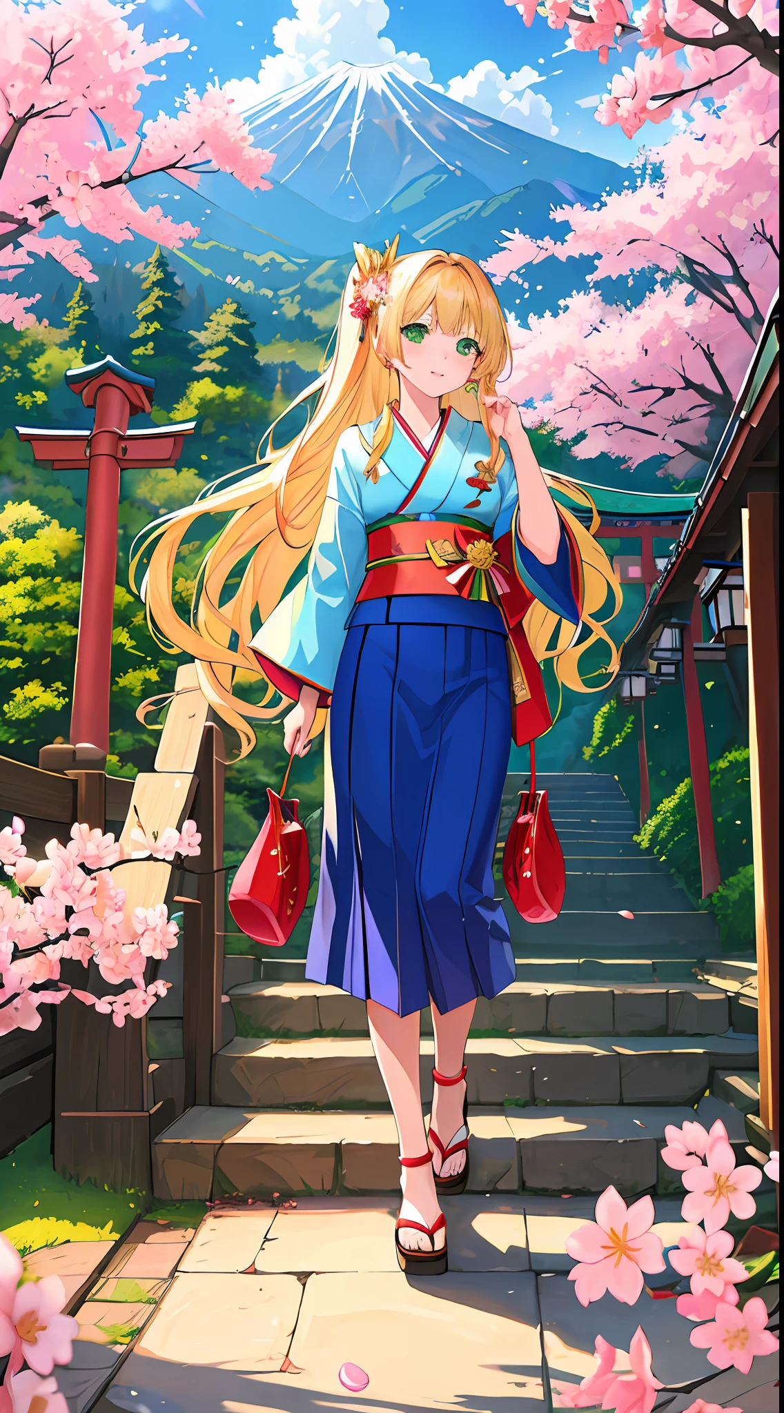 ((masterpiece, best quality, high resolution, super resolution, super detailed, ultra detailed, rich background)), 1girl, solo, green eyes, blonde long hair tied with blue ribbon, blunt bangs, cute hairpin, japanese clothes, blue short kimono, sandals, ribbon, obi, (outdoor), cherry blossom, torii gate, stone staircase, afternoon, cherry blossoms fall, dramatic light, cloudy, scenery