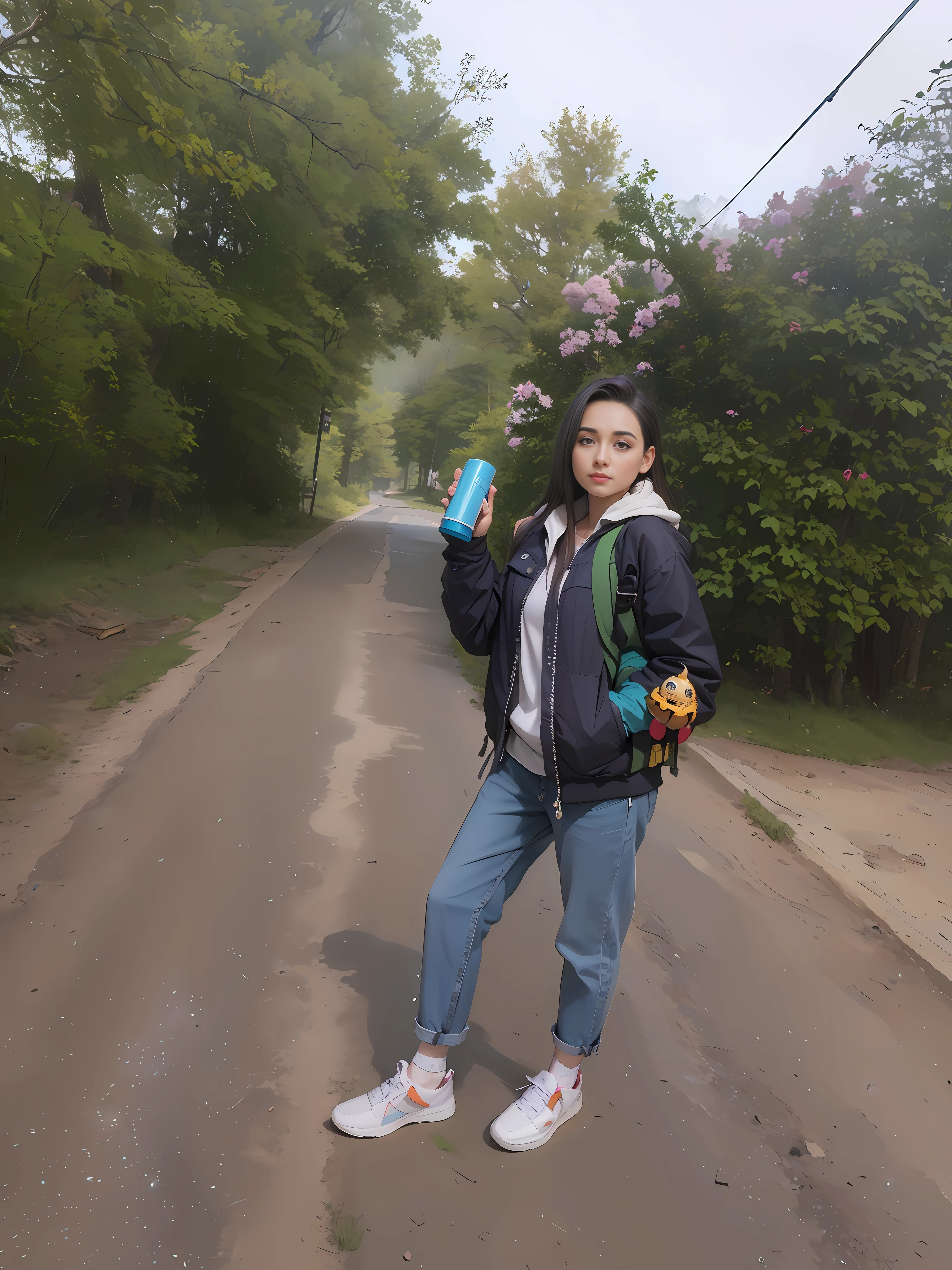 a Hyper realistic image of a 18year old girl wearing a bag holding an Ancient key In a forest, 32k, High Quality, Vibrant colors, global illumination, cinematic Lighting, atmospheric Fog