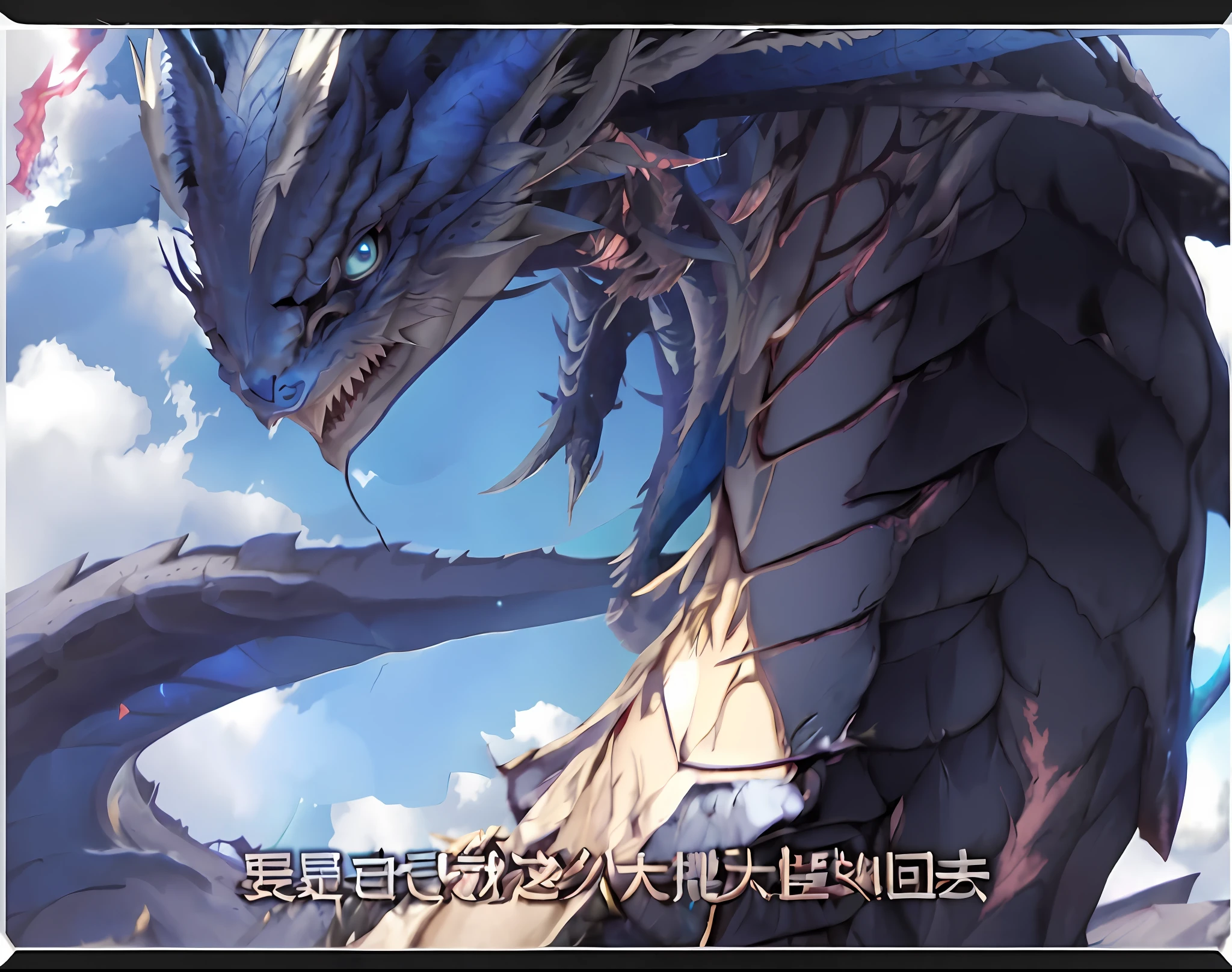there is a dragon that is standing in the sky with a sky background, colossal dragon in background, colossal dragon as background, by Shitao, but as an anthropomorphic dragon, from arknights, dragon with scars, legendary dragon, blue scaled dragon, jormungandr, dragon vore art, dragon scales across hairline, dragon in the background