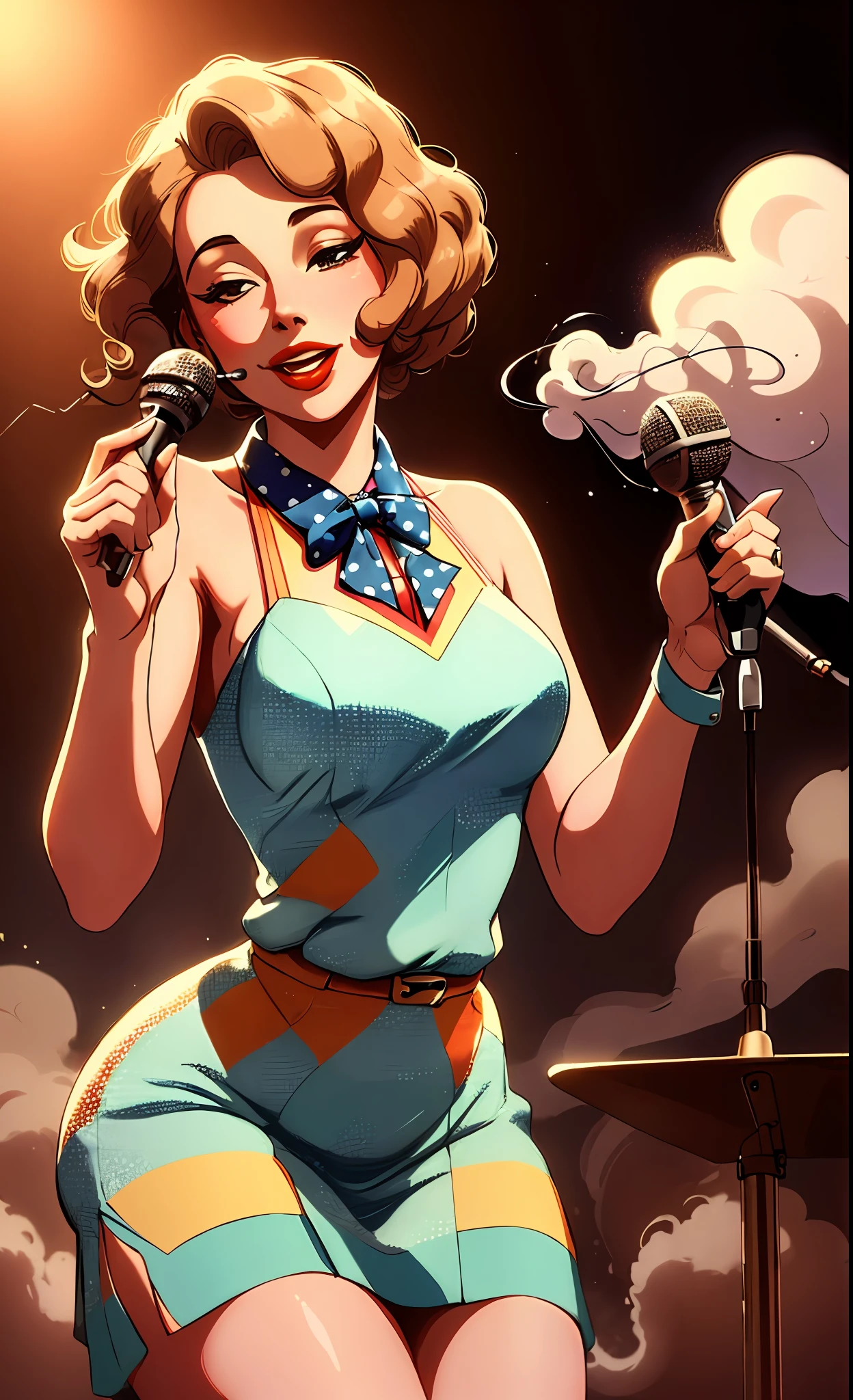 ((A charming girl)) from the 1940s, dressed in a vintage jazz era outfit, performing on stage as a jazz vocalist -> |(Dynamic performance, classic microphone, smoke in the background).