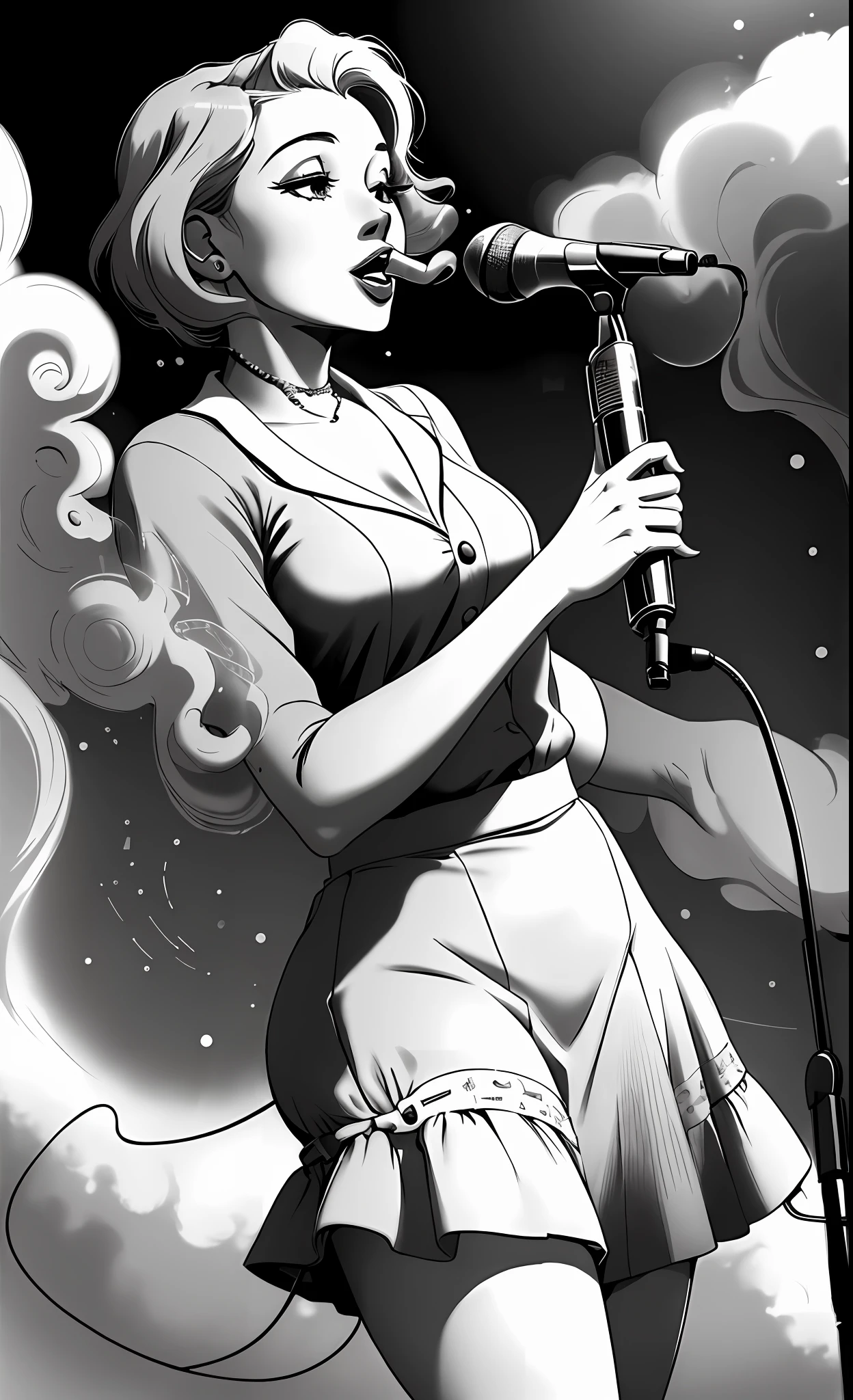((A charming girl)) from the 1940s, dressed in a vintage jazz era outfit, performing on stage as a jazz vocalist -> |(Dynamic performance, classic microphone, smoke in the background).