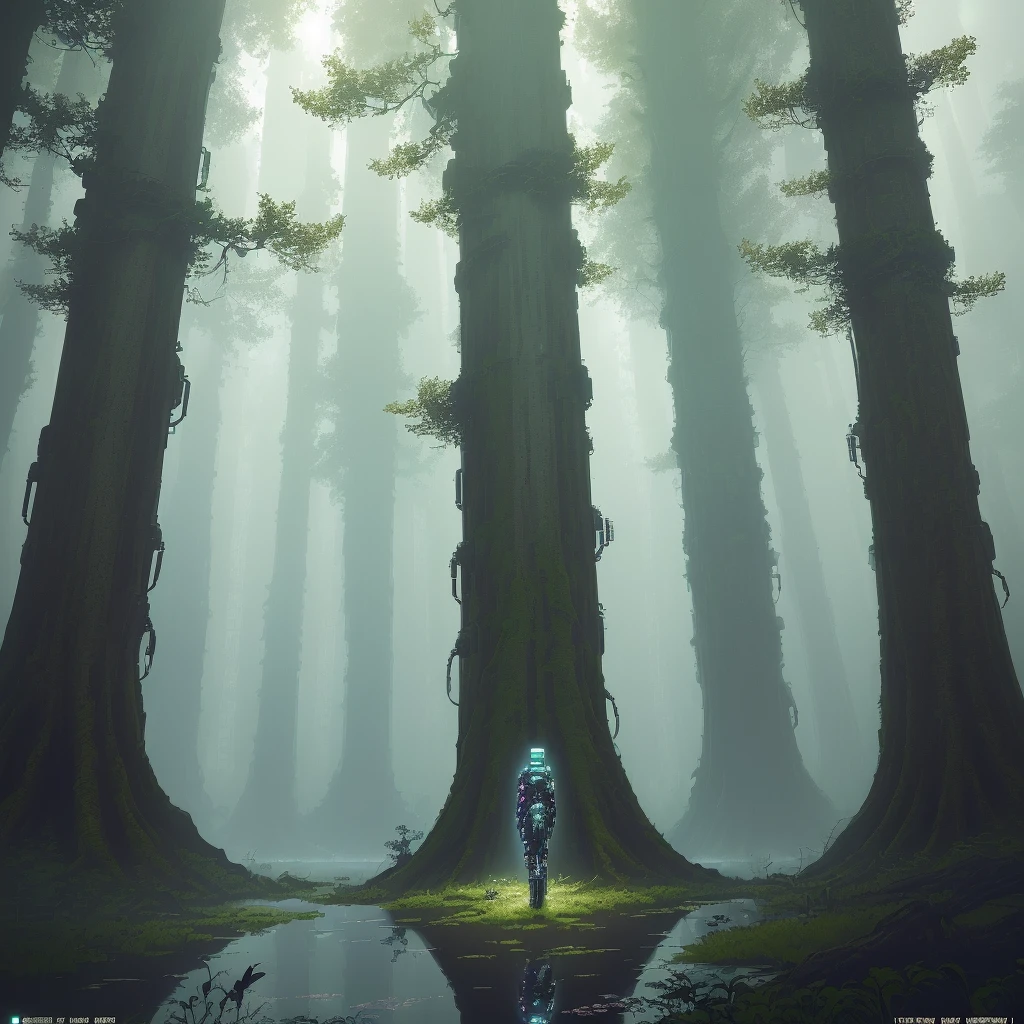 (cybernetic 4x1trees:1.3), tech,vaporwave, synthwave, cyberpunk, (swamps:1.3), high-tech, (golden:1.2), (Frightening:1.3) (RFNKTRY), (by Artist Akihiko Yoshida:1.3),( Artist Ross Tran: 1.3), (Artist Tsutomu Nihei: 1.3), masterpiece, 4k, hd, nvinkpunk art