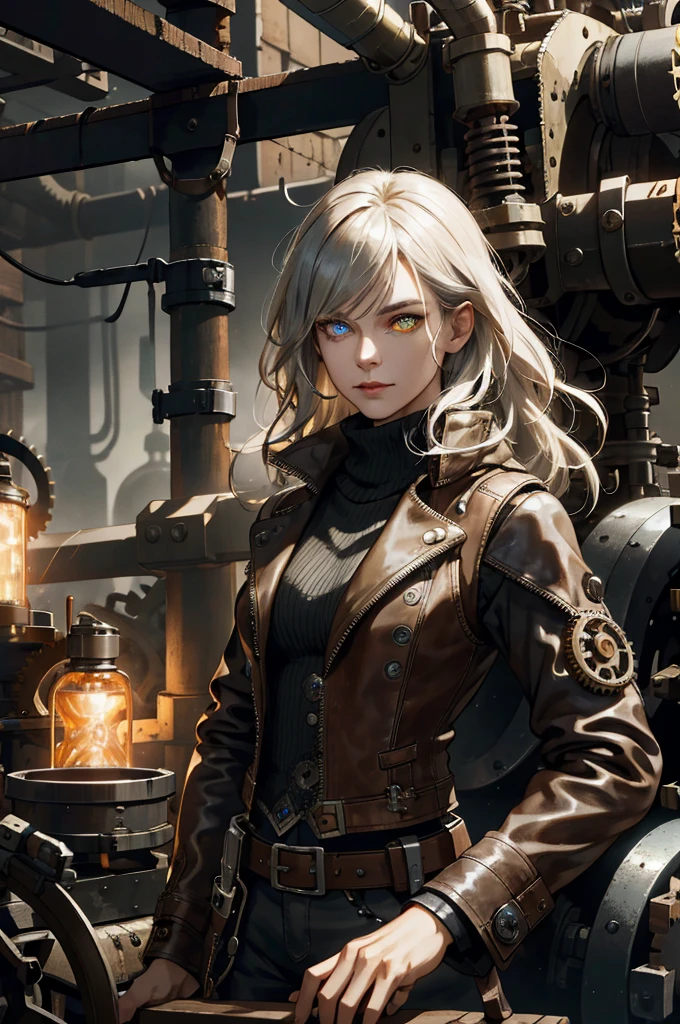 (absurdres, highres, ultra detailed), 1woman, mature female, aged up, wavy long hair, split-color hair, heterochromia, bangs, long sleeves, finely detailed eyes and detailed face, extremely detailed CG unity 8k wallpaper, intricate details, (style-rustmagic:0.8), (medieval cyborg:0.8), portrait, (bloody wounds:0.7), looking at viewer, solo, half shot, detailed background, (steampunk theme:1.1) determined expression, dark couds technomancer, floating lights, color leather vest with gears, techwear, jetpack, workshop in background, machines, gears, steam, industry, technology, furnace, grime, anvil, buttons, levers, automaton, electricity, electric sparks epic atmosphere,, portrait