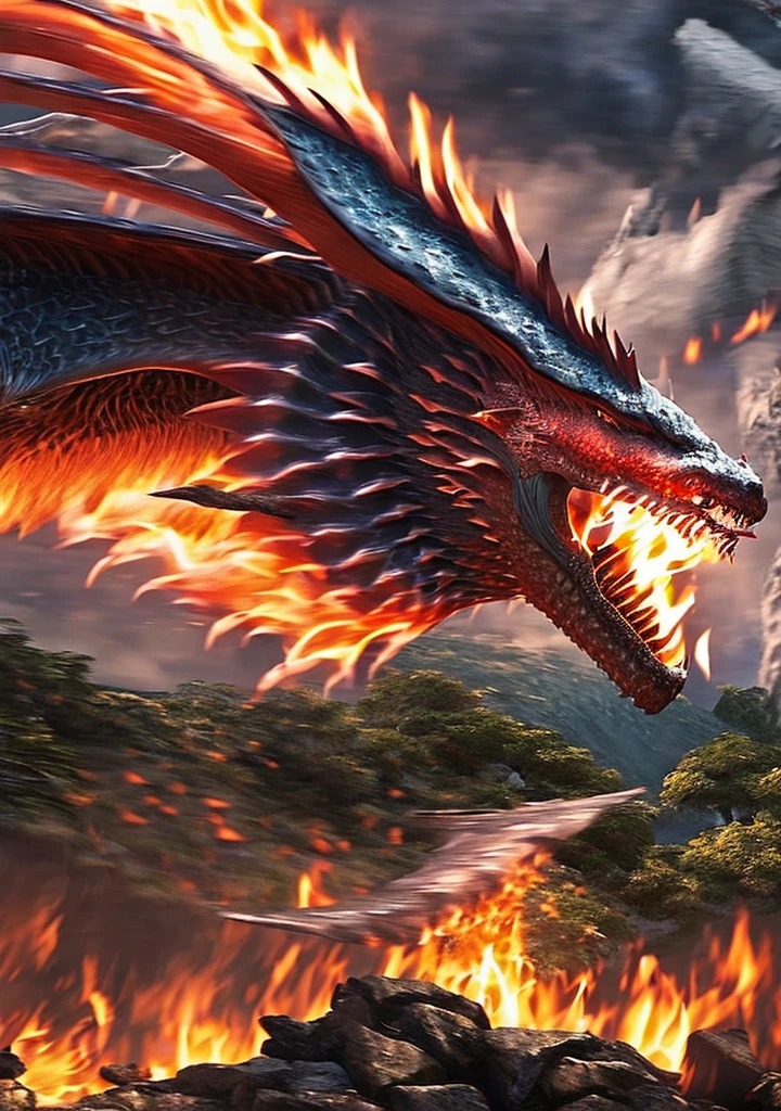 (highly-detailed), ultra-realistic, (fantasy), (epic), (cinematic) scene with (one dragon) flying around, (breathing fire) and (spreading destruction) in (burning villages)