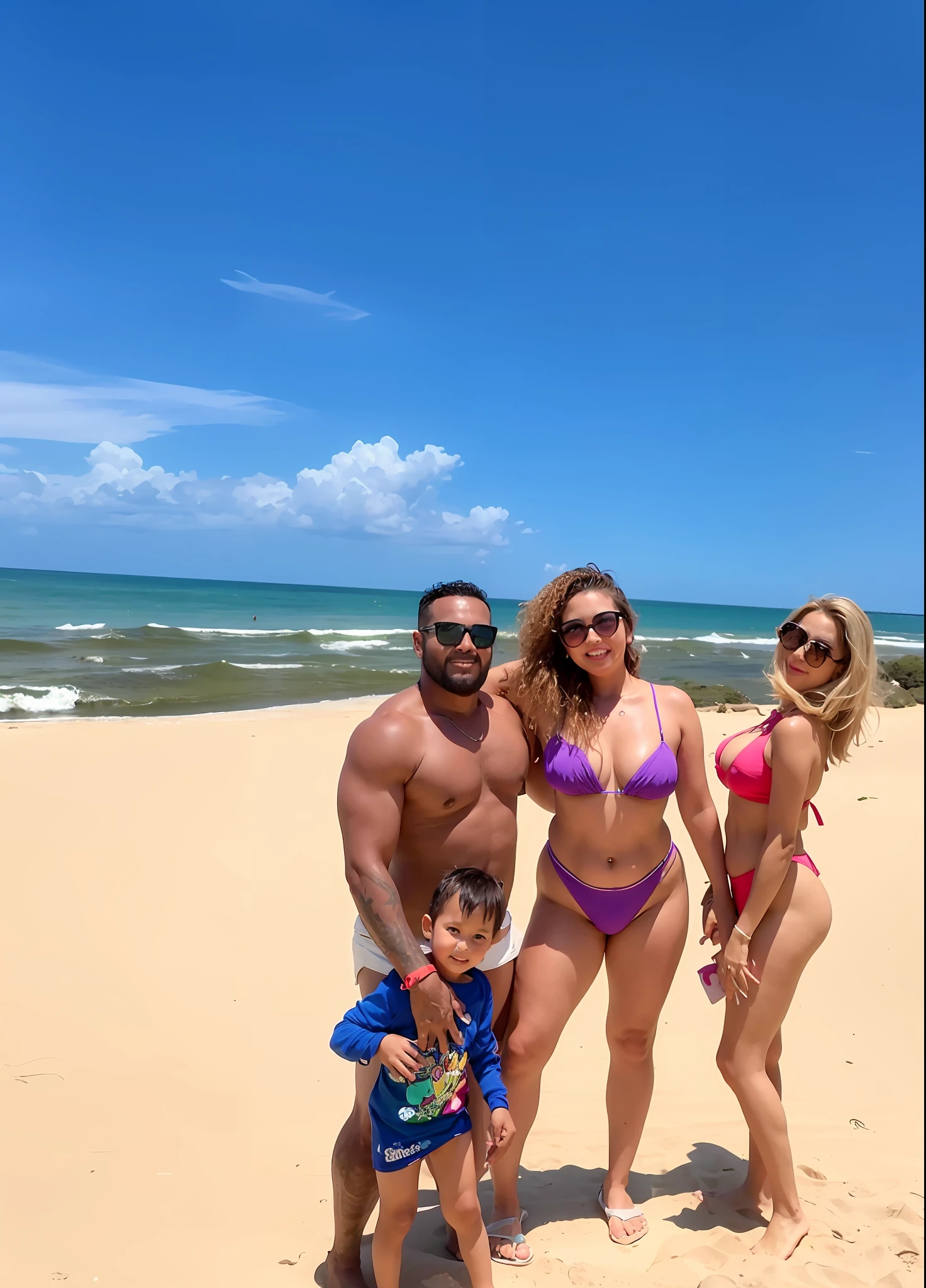 araffe family posing for a picture on the beach with a child, profile image, 3 5 year brazilian mother, posing on a beach with the ocean, lucas graziano, in the beach, caroline gariba, vacation photo, beach pic, posing on the beach, by Caro Niederer, at the beach, by Pogus Caesar
