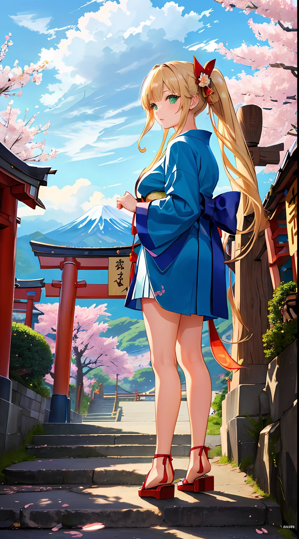 ((masterpiece, best quality, high resolution, super resolution, super detailed, ultra detailed, rich background)), 1girl, solo, green eyes, blonde long hair tied with blue ribbon, blunt bangs, highschool girl, medium breast, japanese clothes, blue short kimono, sandals, ribbon, obi, (outdoor), cherry blossom, torii gate, stone staircase, afternoon, cherry blossoms fall, dramatic light, cloudy, fuji scenery