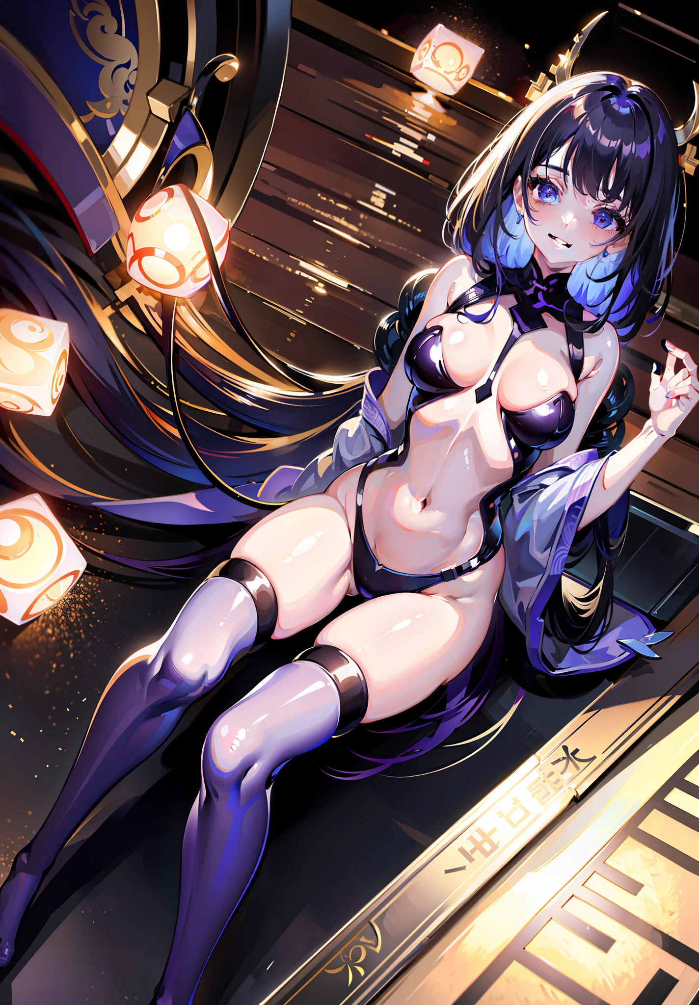 (Masterpiece), (Best quality), (Very detailed), 4k, girl, Raiden Shogun, Korean woman, shoulder exposure, shoulder smooth texture latex, coveted smile, anime feeling, evil demon, {black painting}, {teasing smile},{teasing smile},high quality, clear picture,(high saturation),(shiny), best lighting, best shadows,